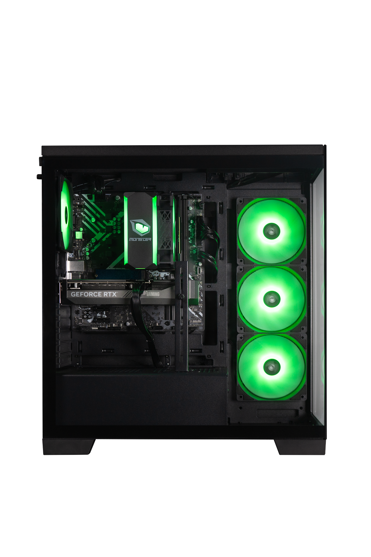 Siyah arka plan üzerinde yeşil yanan fanlar, ana kart ve GeForce RTX ekran kartı içeren bir oyun bilgisayarının içi.