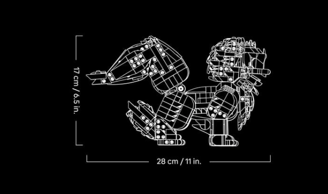 Umriss eines Lego-Tiermodells mit Abmessungen von 17 cm Höhe und 28 cm Breite auf schwarzem Hintergrund.