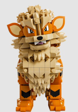 Eine Lego-Figur des Pokémon Arkani mit beigem Fell, orangefarbenen Akzenten und großen Augen.