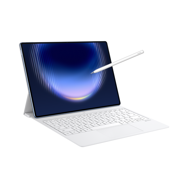 Siyah arkaplanda, mavi ekranın üzerinde duran beyaz bir kalem ve klavyeli bir tablet.
