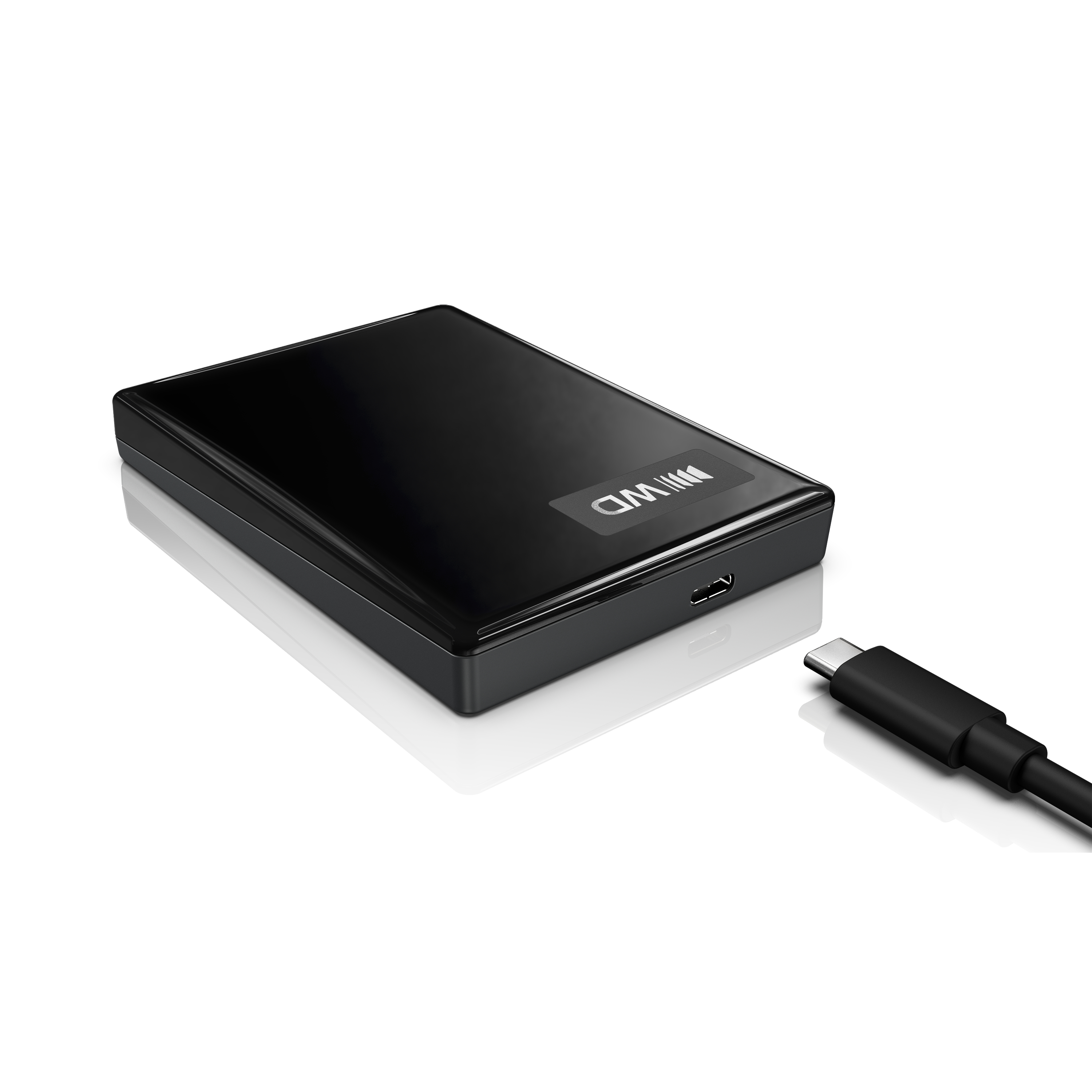 Glänzende schwarze WD-Festplatte auf weißem Grund mit USB-C-Kabel.