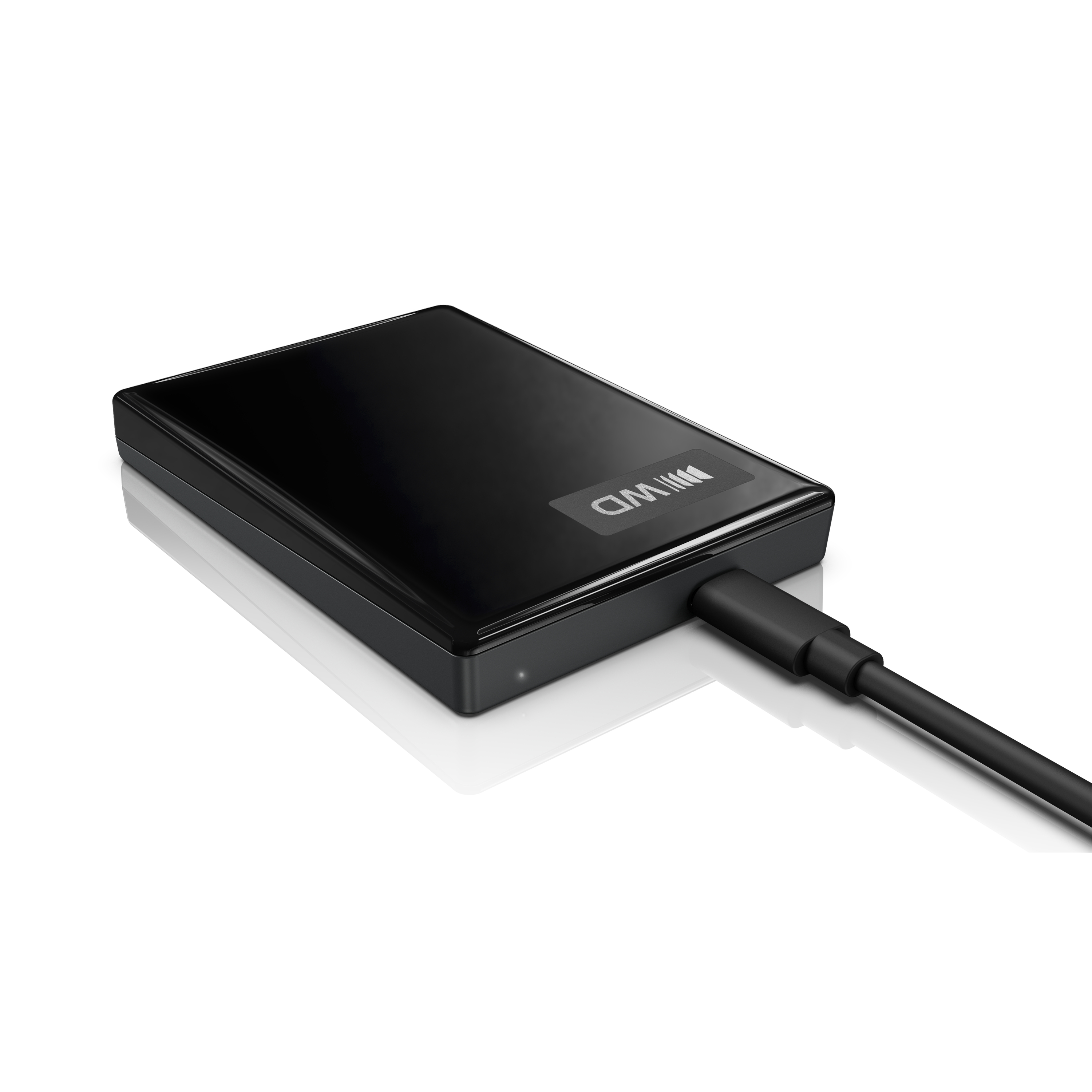 Ein glänzender schwarzer WD-Festplattenlaufwerk mit angeschlossenem USB-Kabel auf weißem Hintergrund.