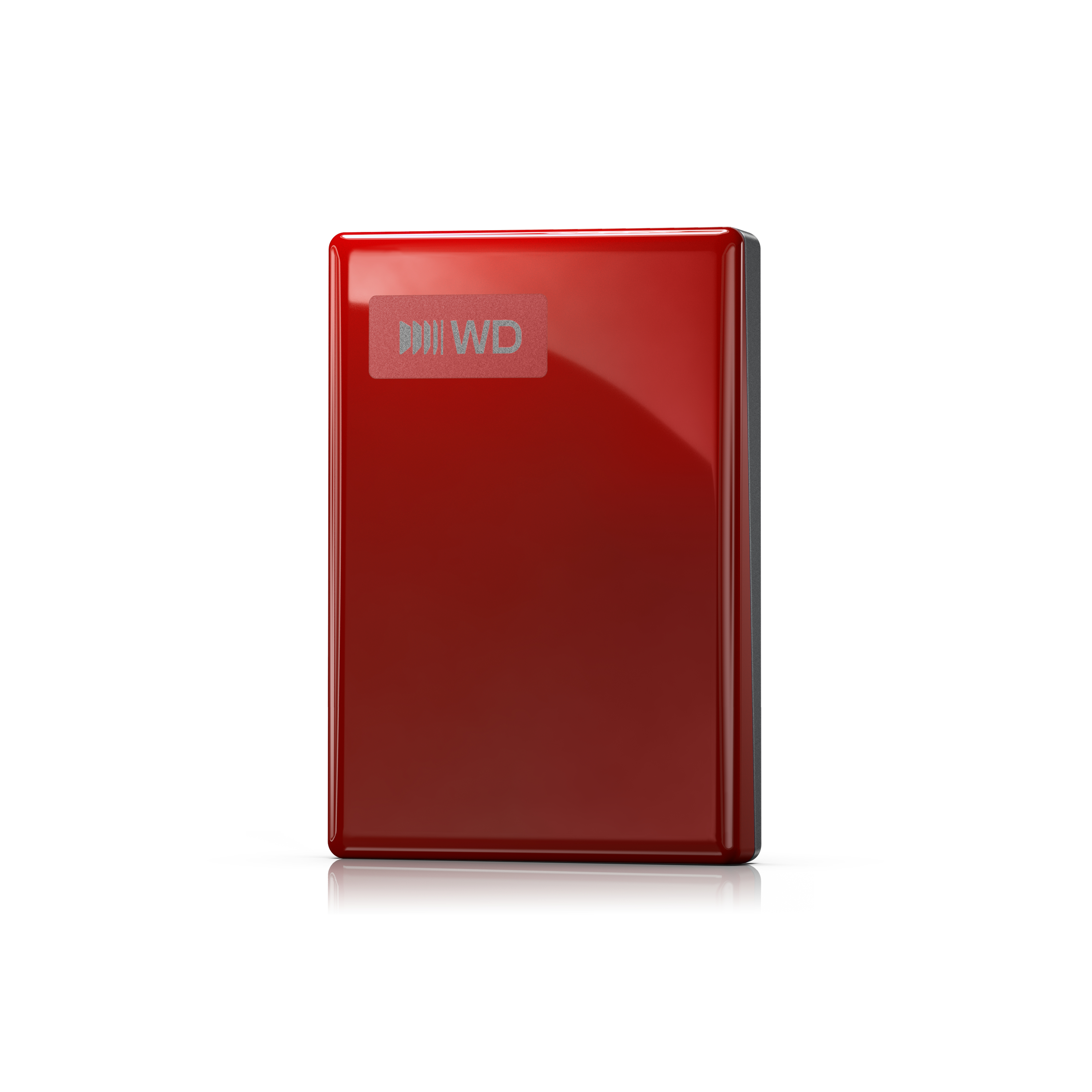 Glänzende rote externe Festplatte von WD mit silbernem Logo auf weißem Hintergrund.
