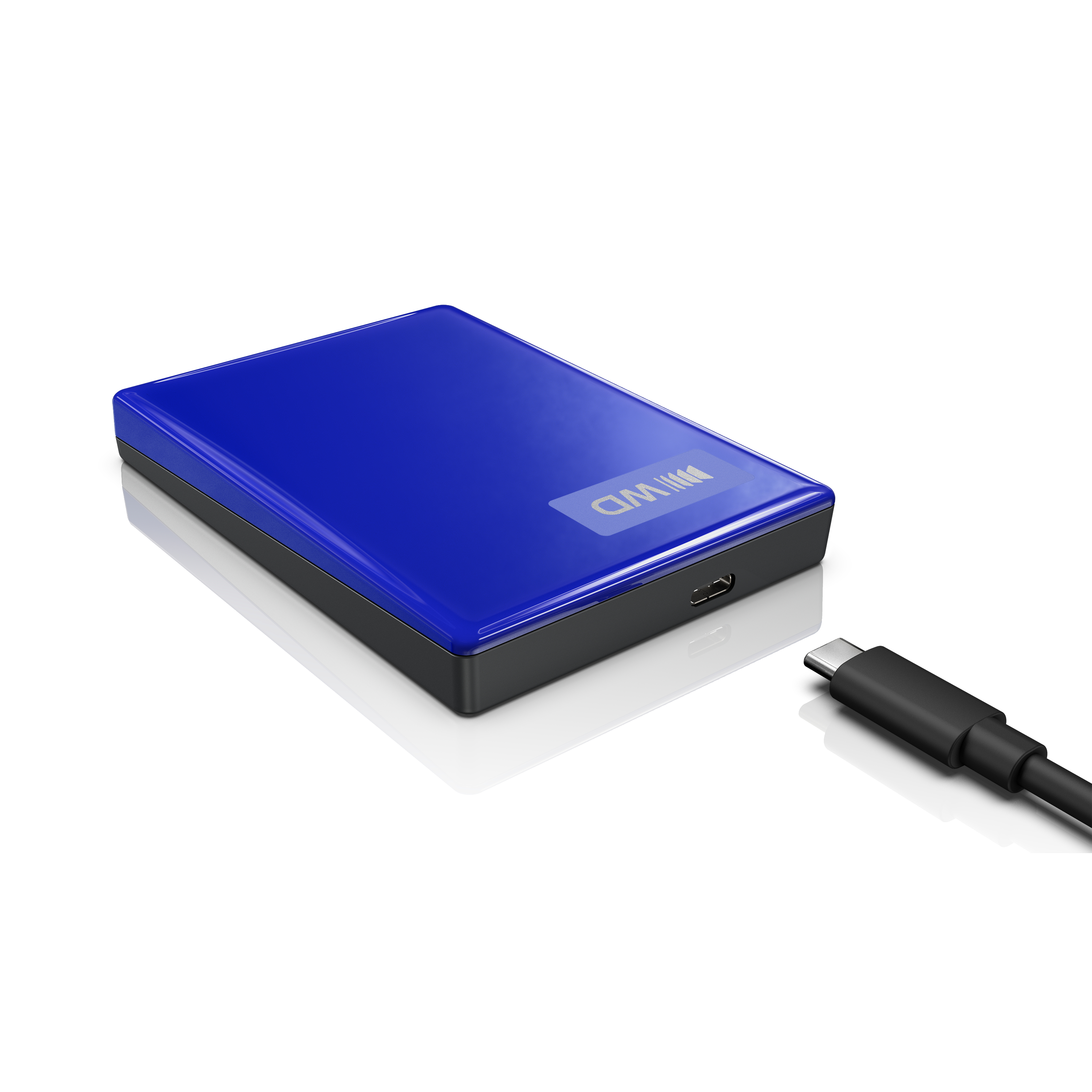 Eine glänzende blau-schwarze externe Festplatte mit einem USB-C-Kabel auf weißem Grund.