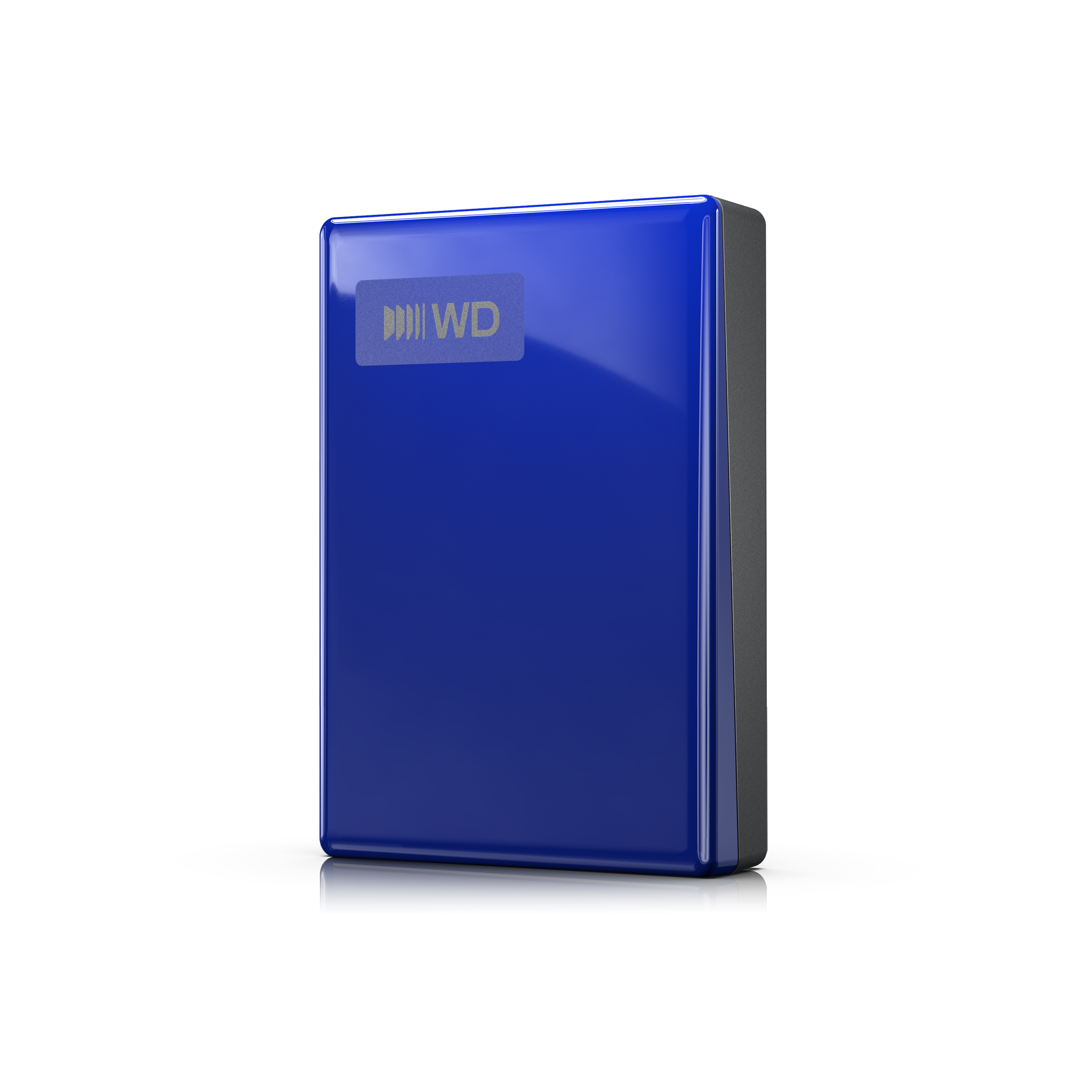 Eine glänzende blaue WD-externe Festplatte steht aufrecht auf weißer Oberfläche mit dunkler Seite und Logo.