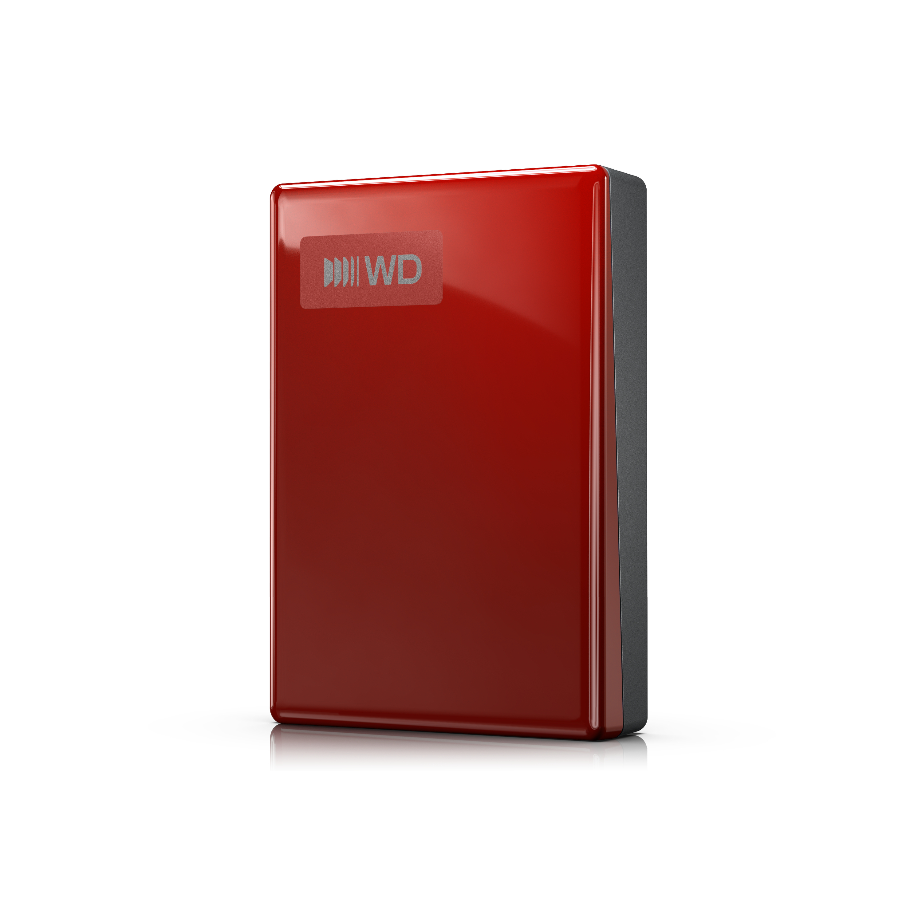 Glänzende rote externe Festplatte mit WD-Logo auf weißem Hintergrund.