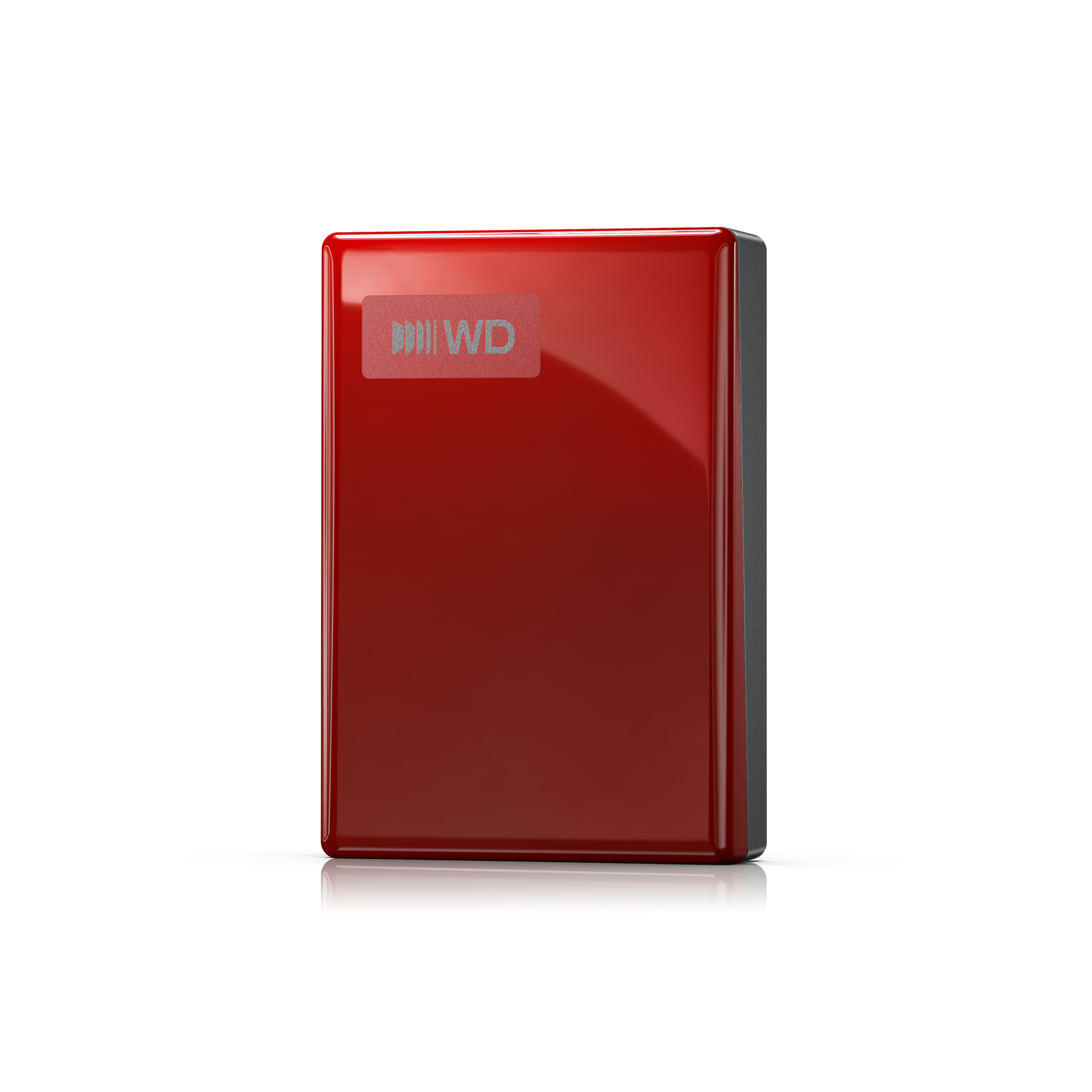 Eine glänzende rote externe Festplatte von WD mit schwarzem Rand steht auf einer weißen Oberfläche.