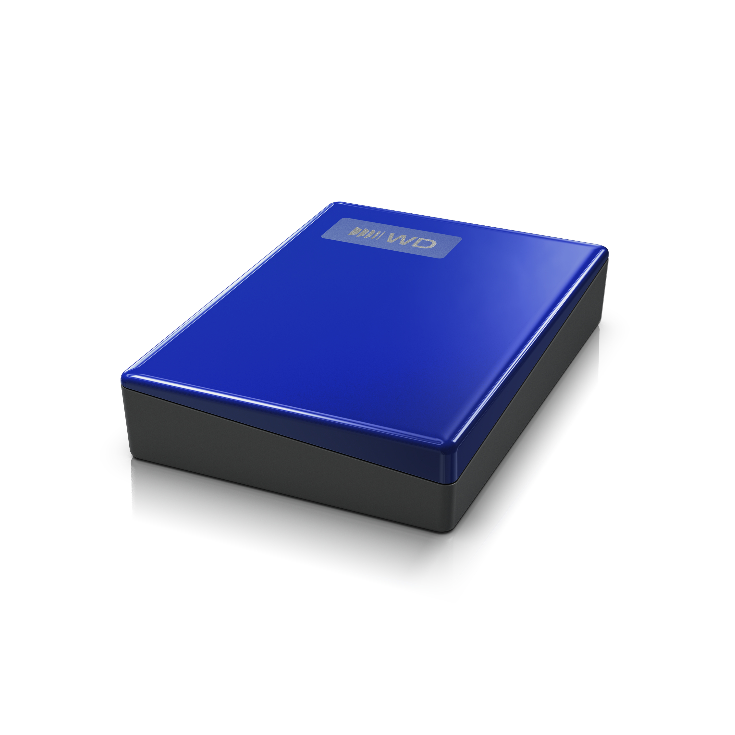 Eine blau-schwarze externe Festplatte mit WD-Logo auf glänzender Oberfläche vor weißem Hintergrund.