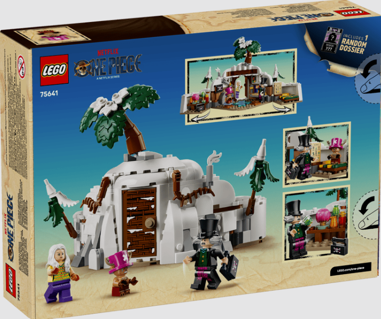 Rückseite einer Lego One Piece Set-Verpackung mit einer gebauten schneebedeckten Hütte, Palmen und vier Minifiguren.