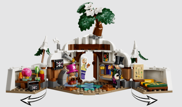 Lego-Schneehaus-Set mit Figuren, Möbeln und Bäumen.