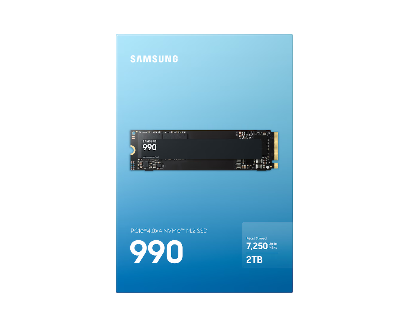 Mavi arka planda 7.250 MB/sn'ye varan okuma hızına sahip Samsung 990 PRO NVMe M.2 SSD 2TB.