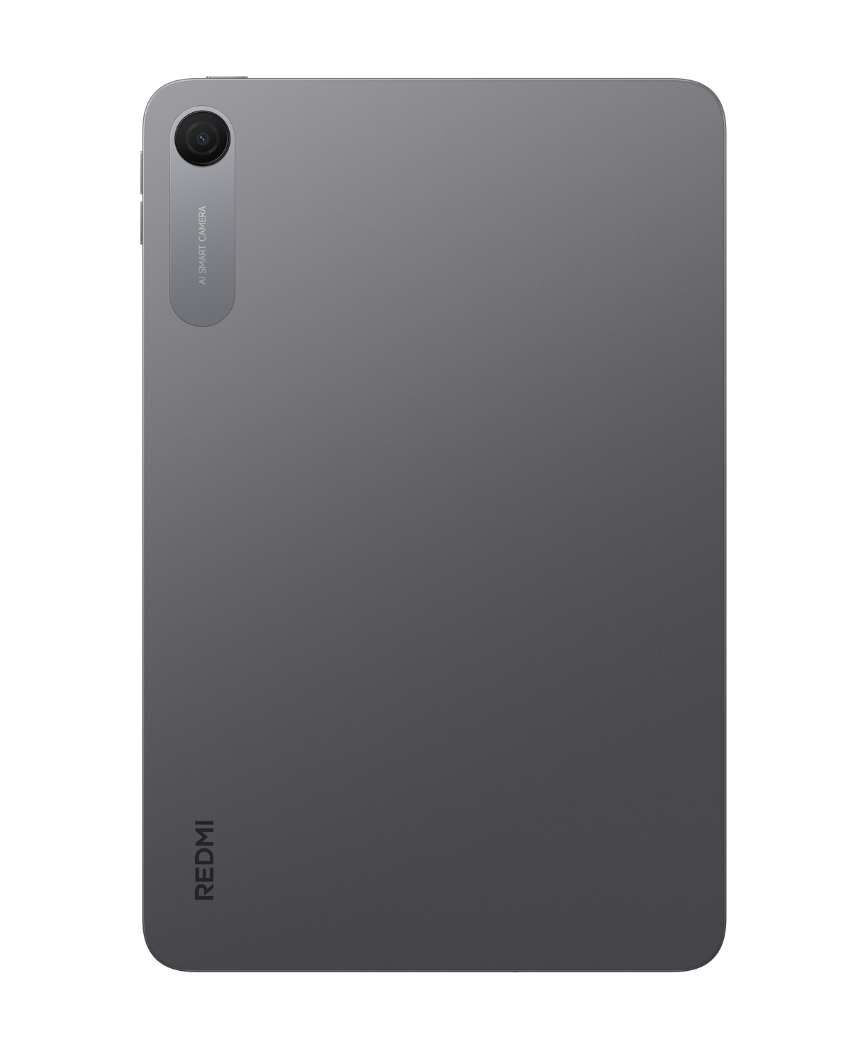 Parte trasera gris de una tableta Redmi con una cámara en la esquina superior y el texto REDMI abajo.
