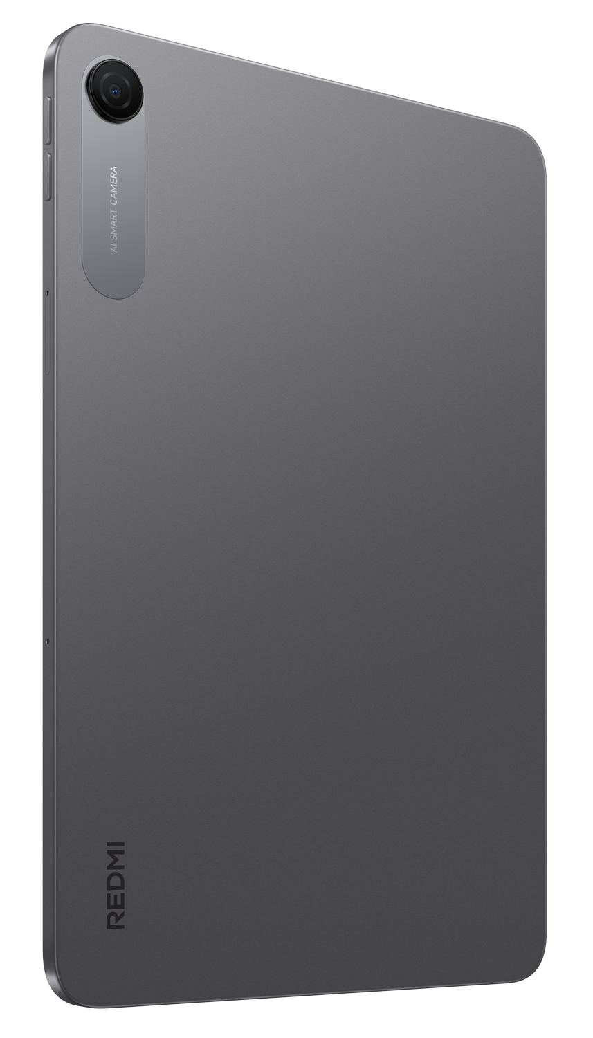 Tableta gris Redmi vista desde atrás con cámara y logotipo.