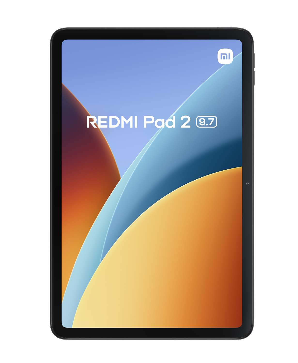 Vista frontal del Xiaomi Redmi Pad 2 9.7 negro con un fondo abstracto y colorido.