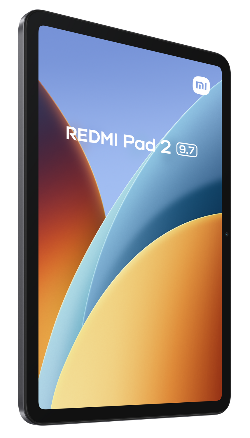 Una tableta oscura con fondo colorido, texto 'REDMI Pad 2 9.7' y logotipo de Xiaomi.