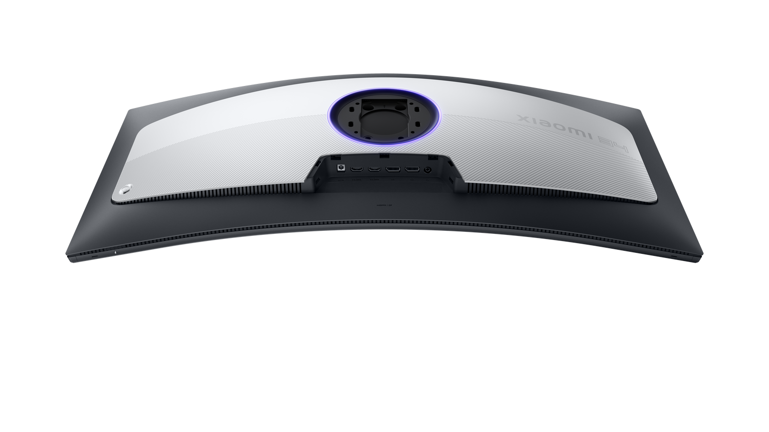 Vista trasera de un monitor curvo Xiaomi con puertos y un anillo azul brillante sobre un fondo negro.