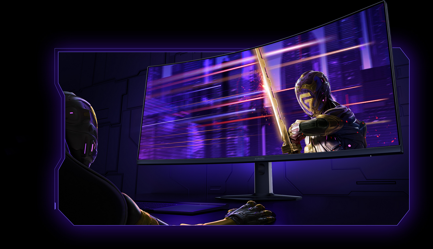 Un monitor gaming curvo muestra un duelo futurista con fondo de neón mientras un jugador observa desde atrás.