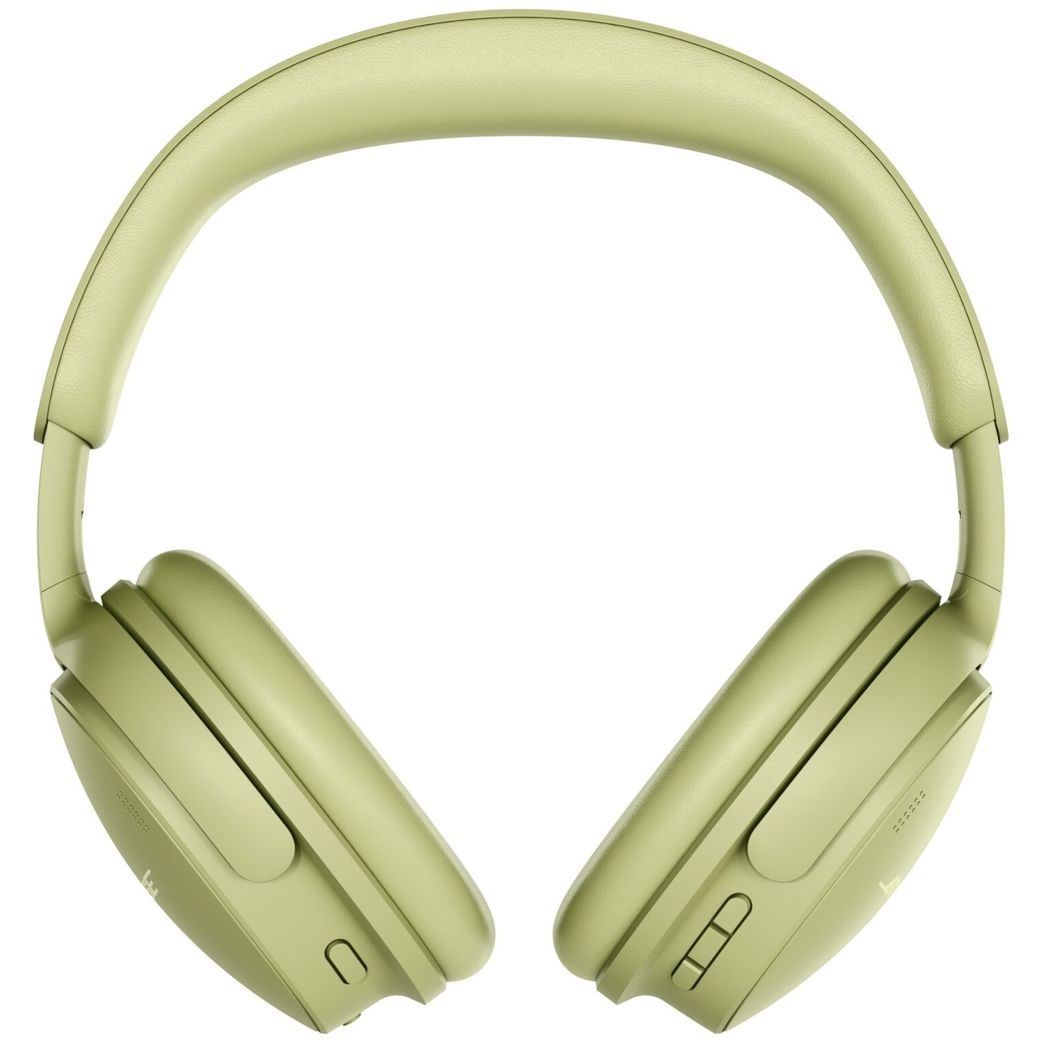Light green over-ear headphones with a padded headband and ear cups on a white background.