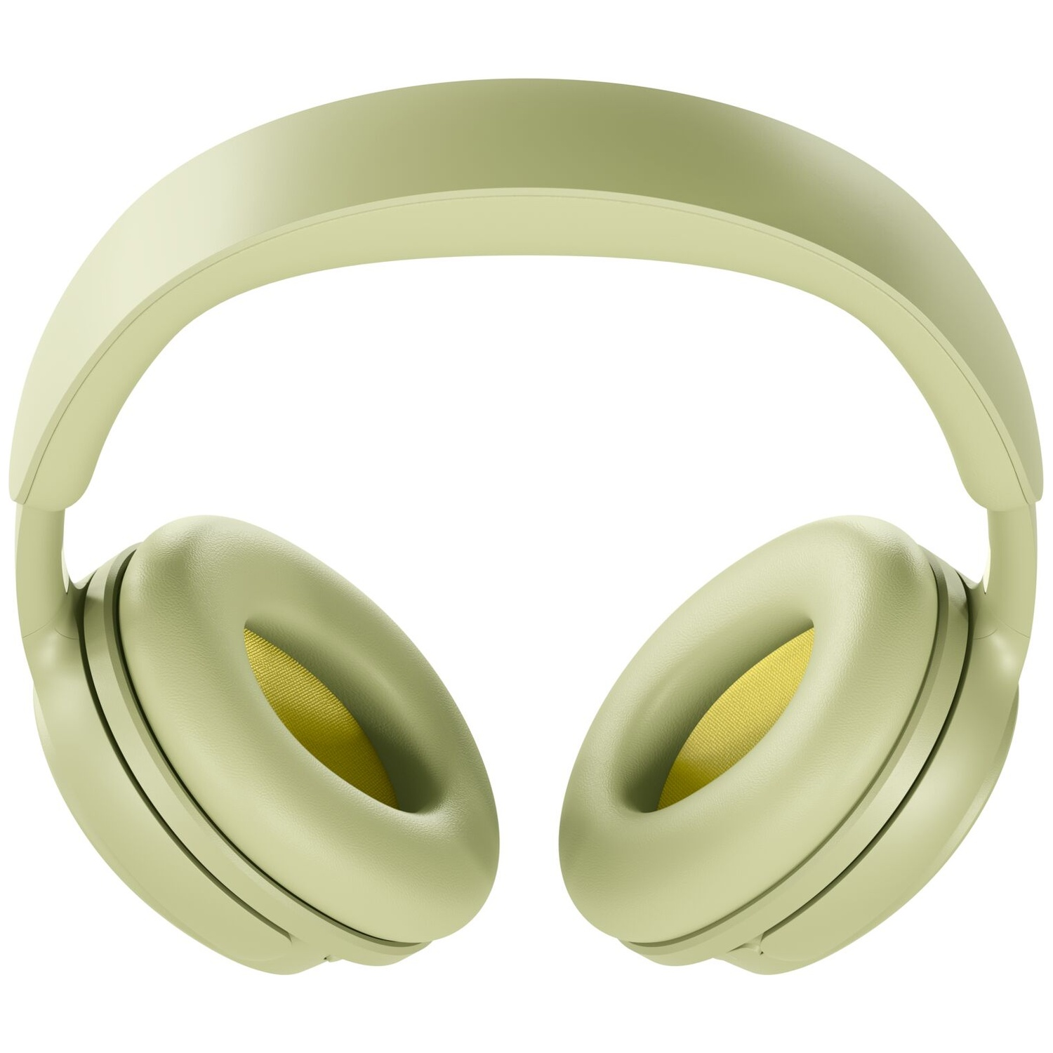 Light green over-ear headphones with yellow inner cushions against a white background.