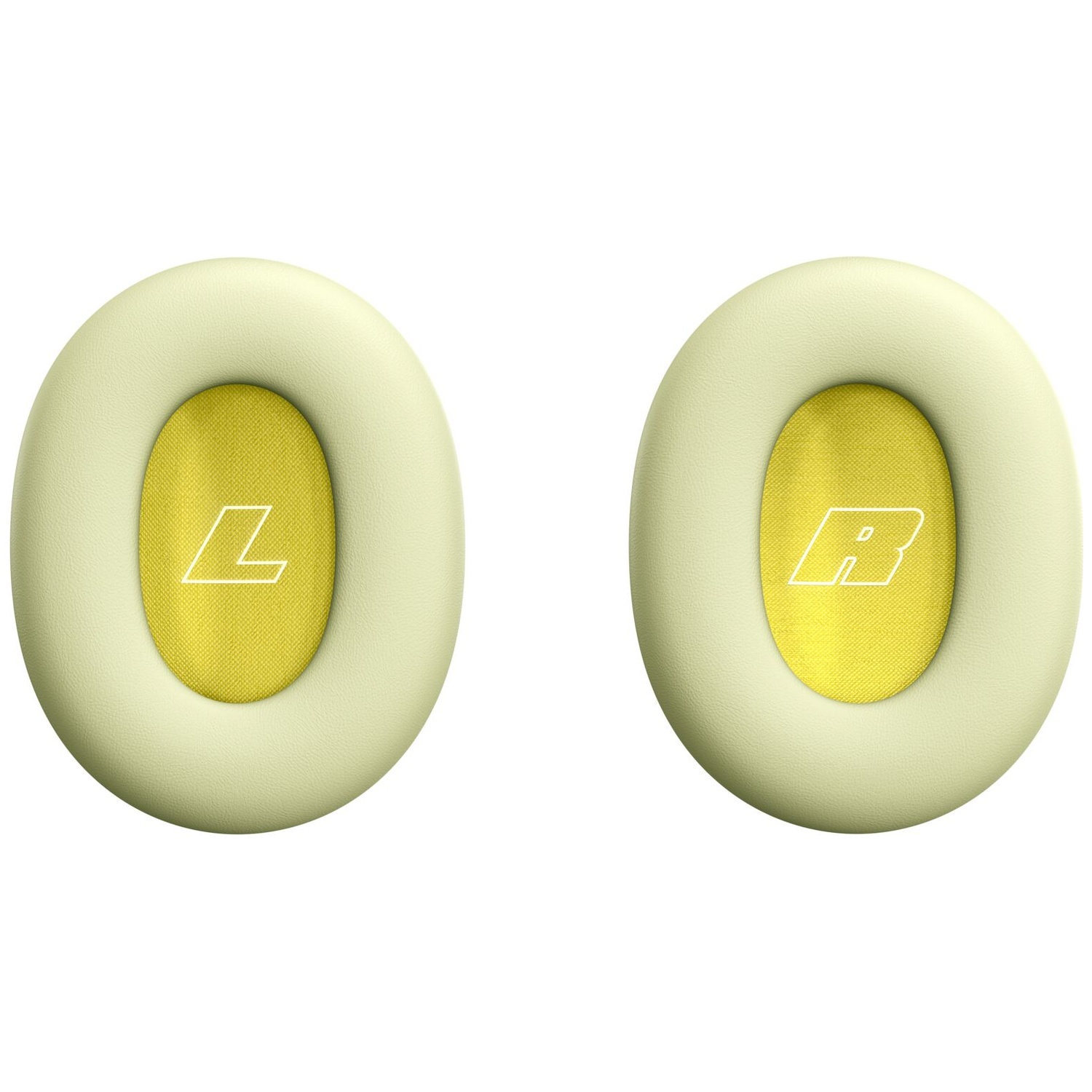 Two oval light green headphone ear cushions with yellow inner mesh and white L and R labels.