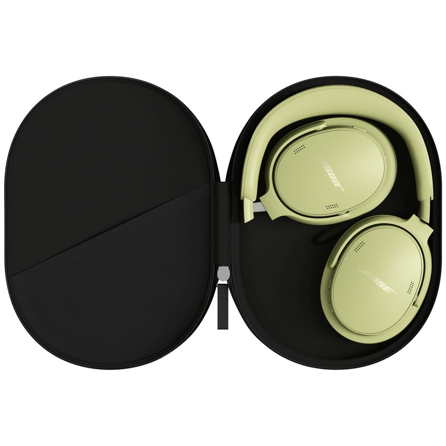 Light green Bose headphones stored inside an open black carrying case on a white background.
