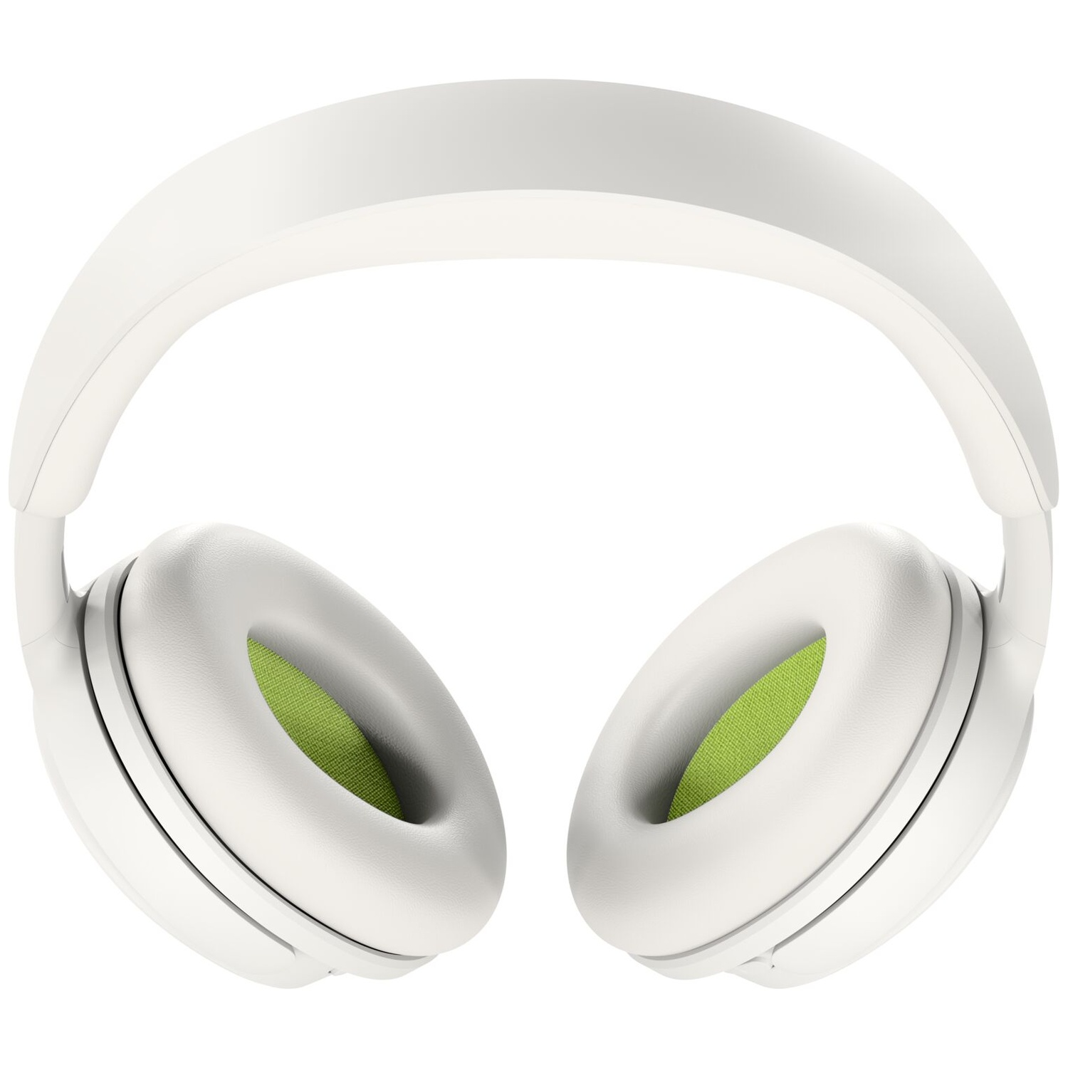 White over-ear headphones featuring a white headband and bright green inner ear cushions against a plain white background.