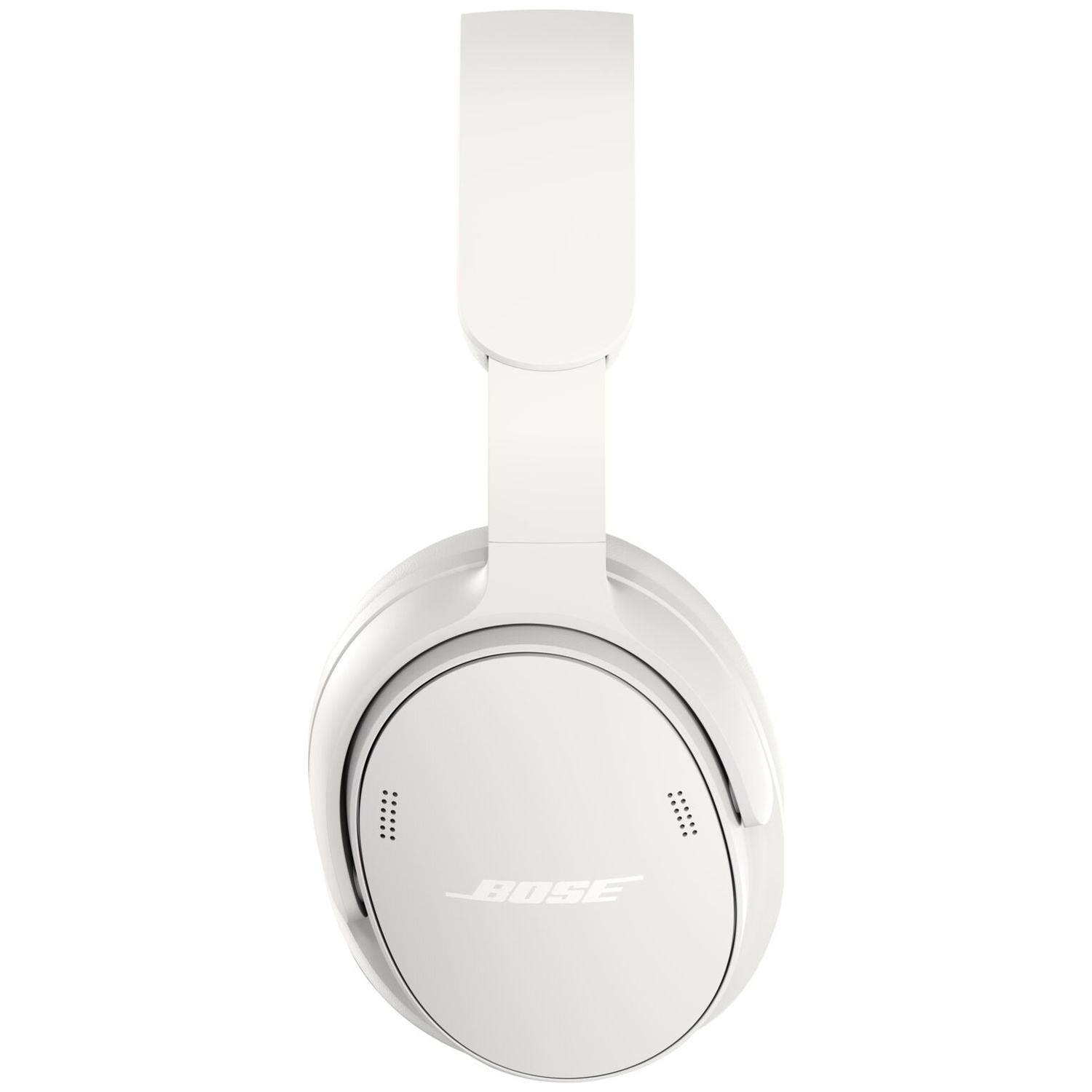 White Bose over-ear headphones featuring microphone holes and brand logo on a solid white background.