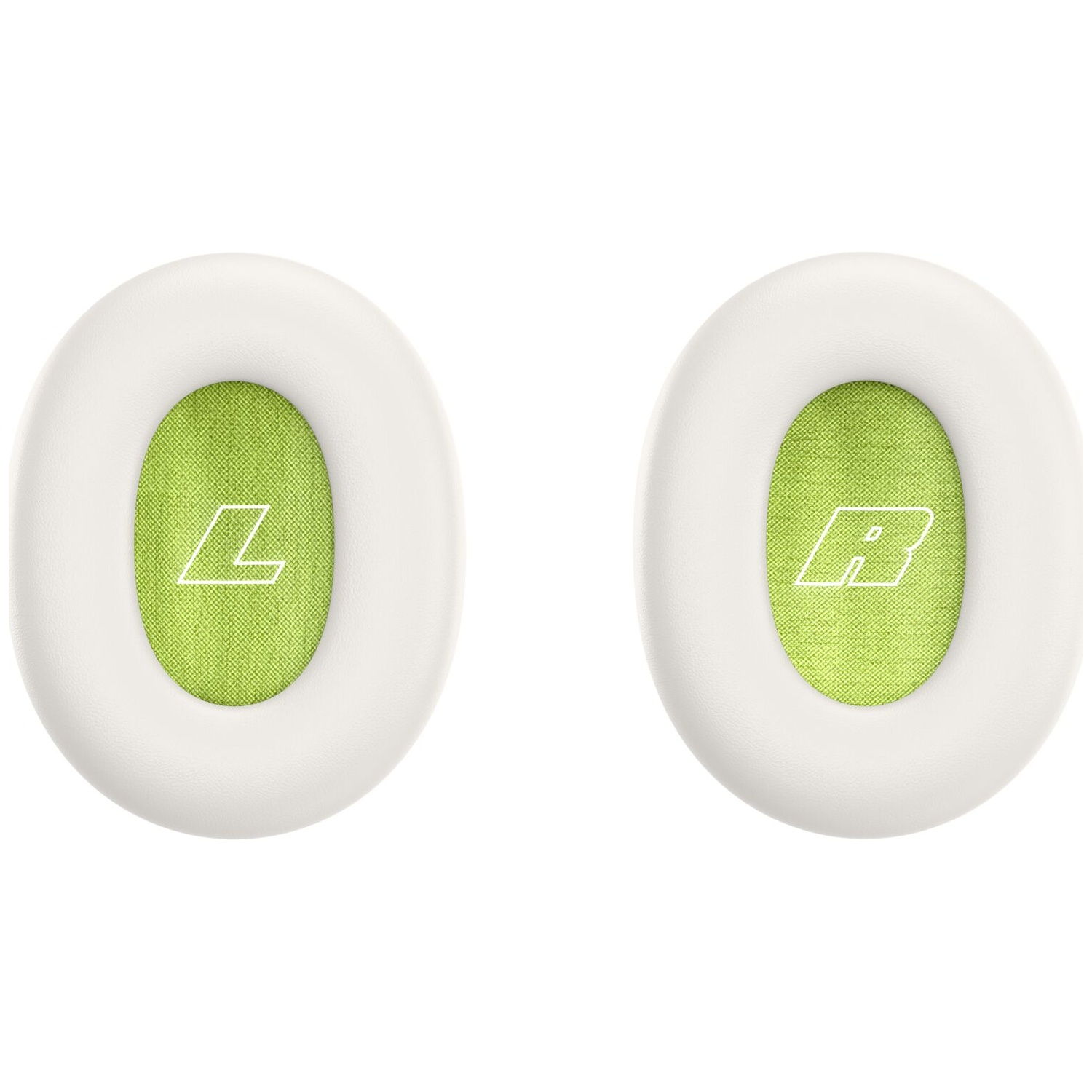 Two white headphone ear cushions with lime green inner mesh; left features white letter L, right features R.