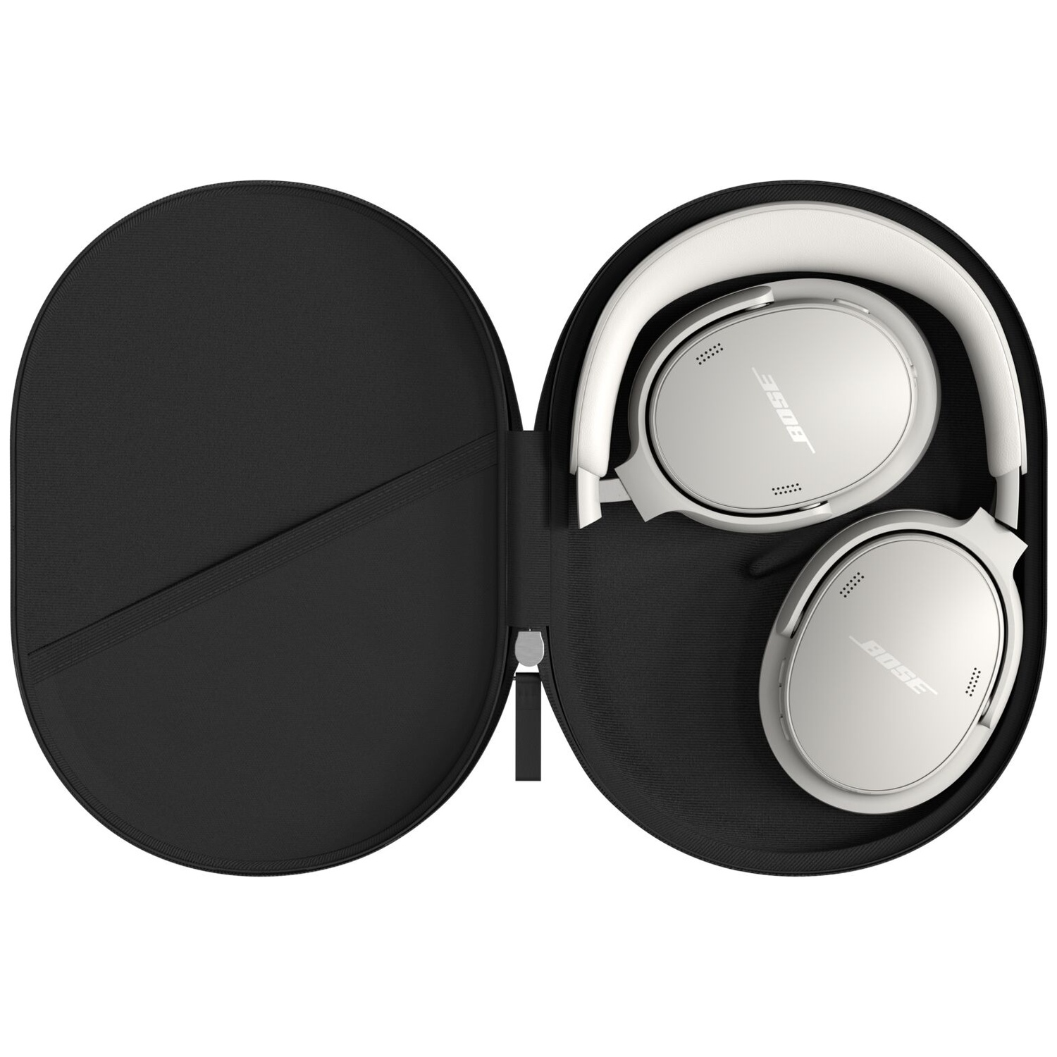 White Bose headphones neatly folded inside a black round zippered case.