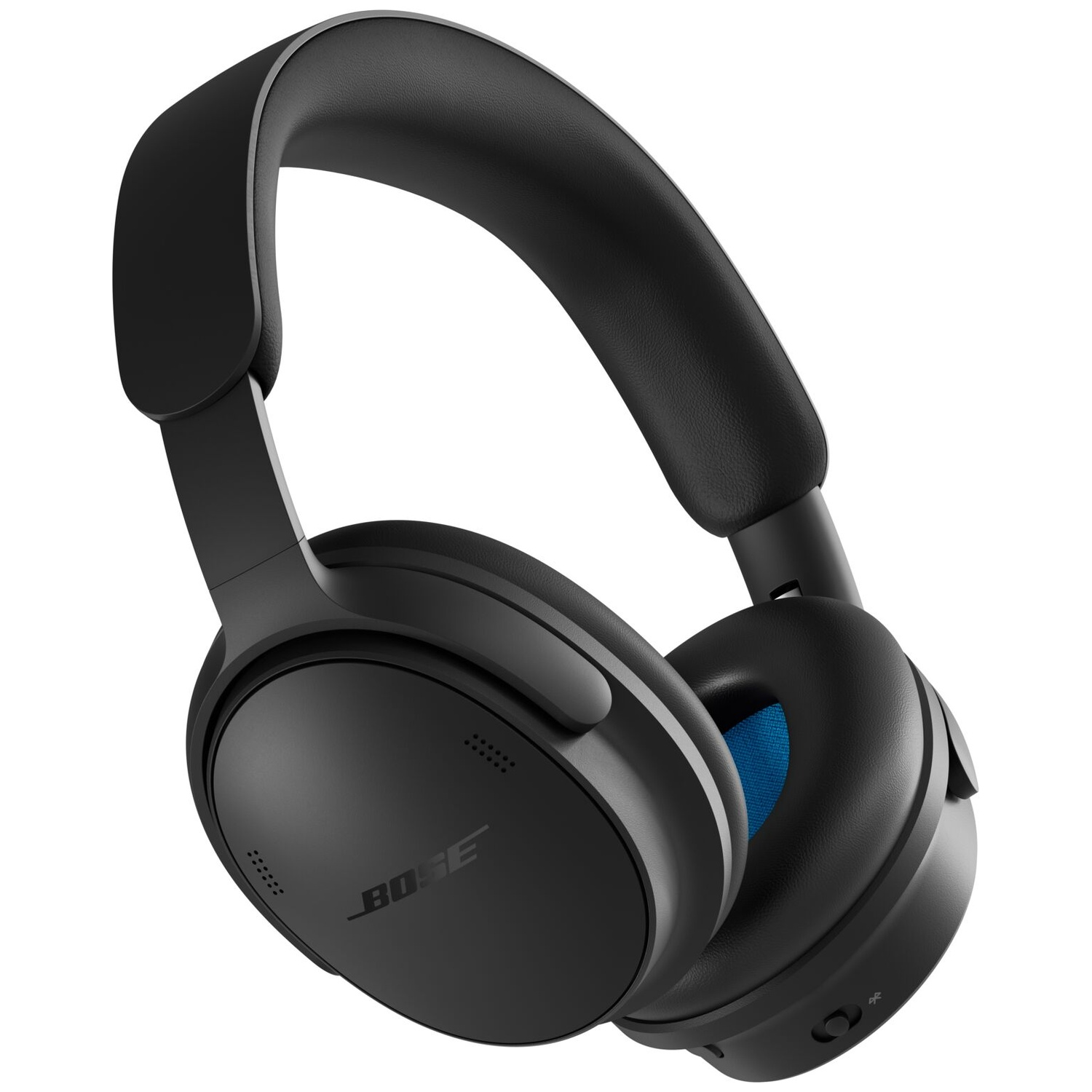 Black Bose over-ear headphones with plush ear cushions and blue fabric inside the cups against a white background.