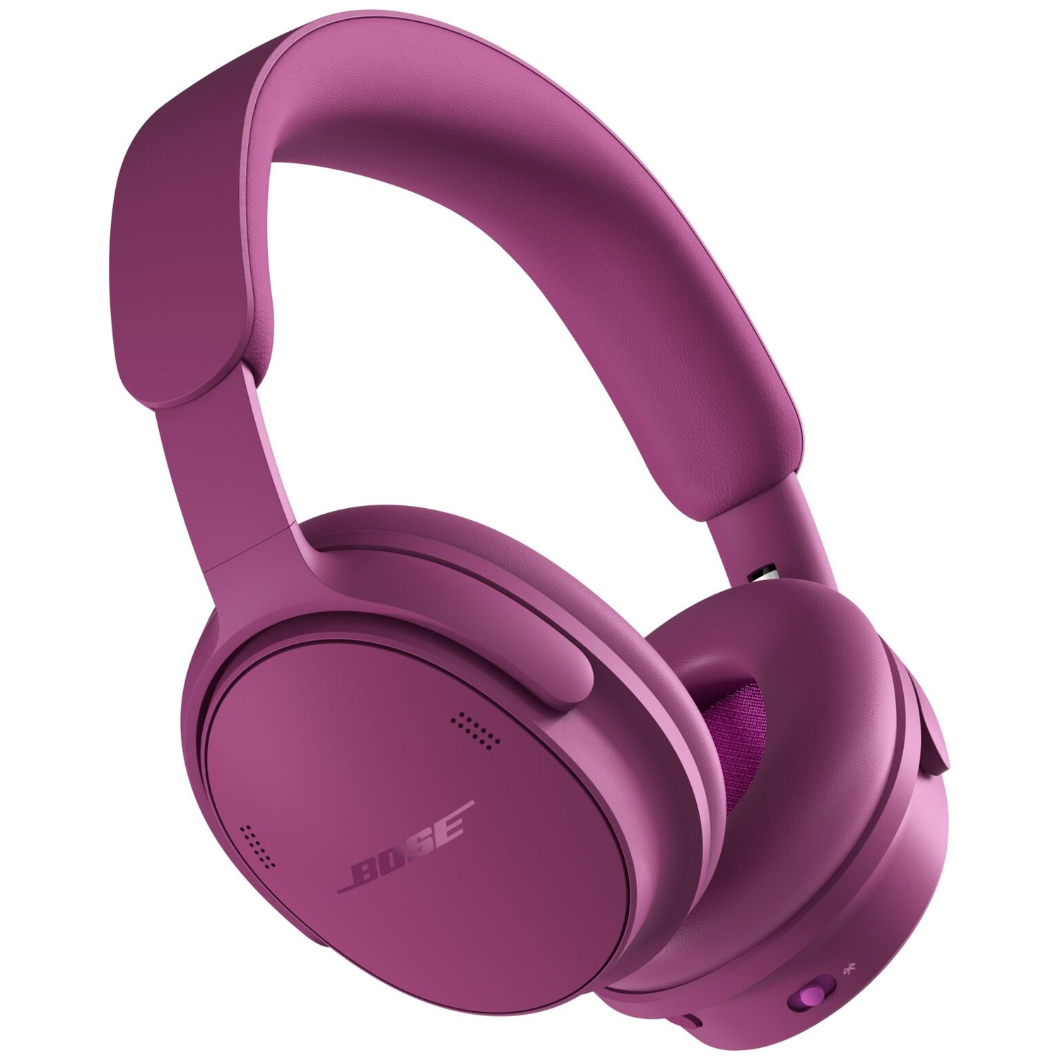 Purple Bose over-ear headphones with soft padding on a white background.