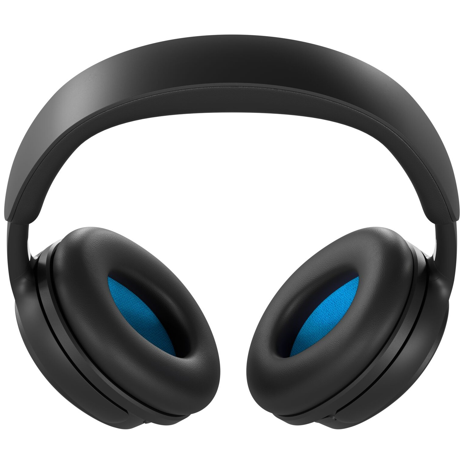 Black over-ear headphones with blue fabric inside the ear cushions, shown against a white background.