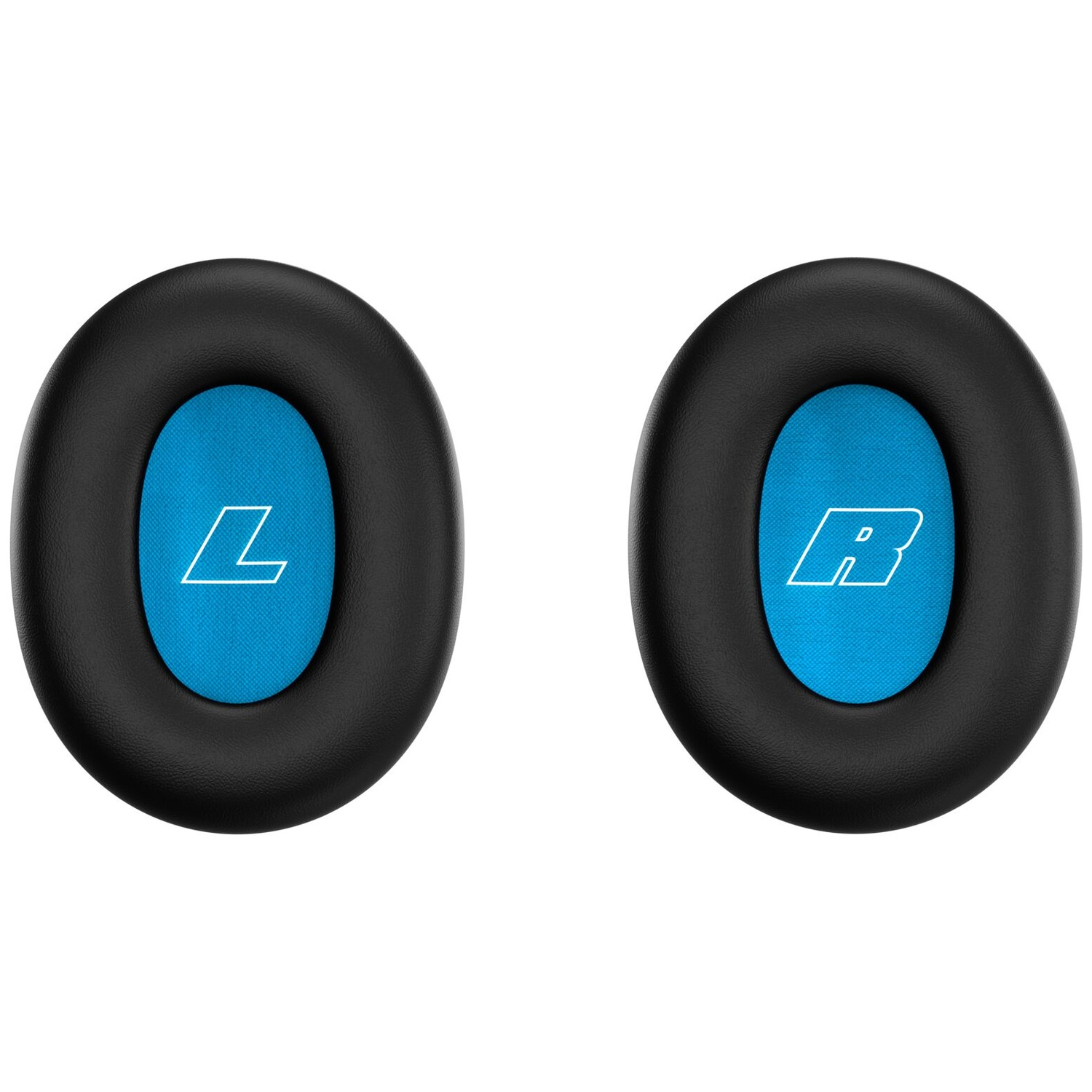 Two black headphone ear pads with blue interiors; the left has a white L, and the right has an R.