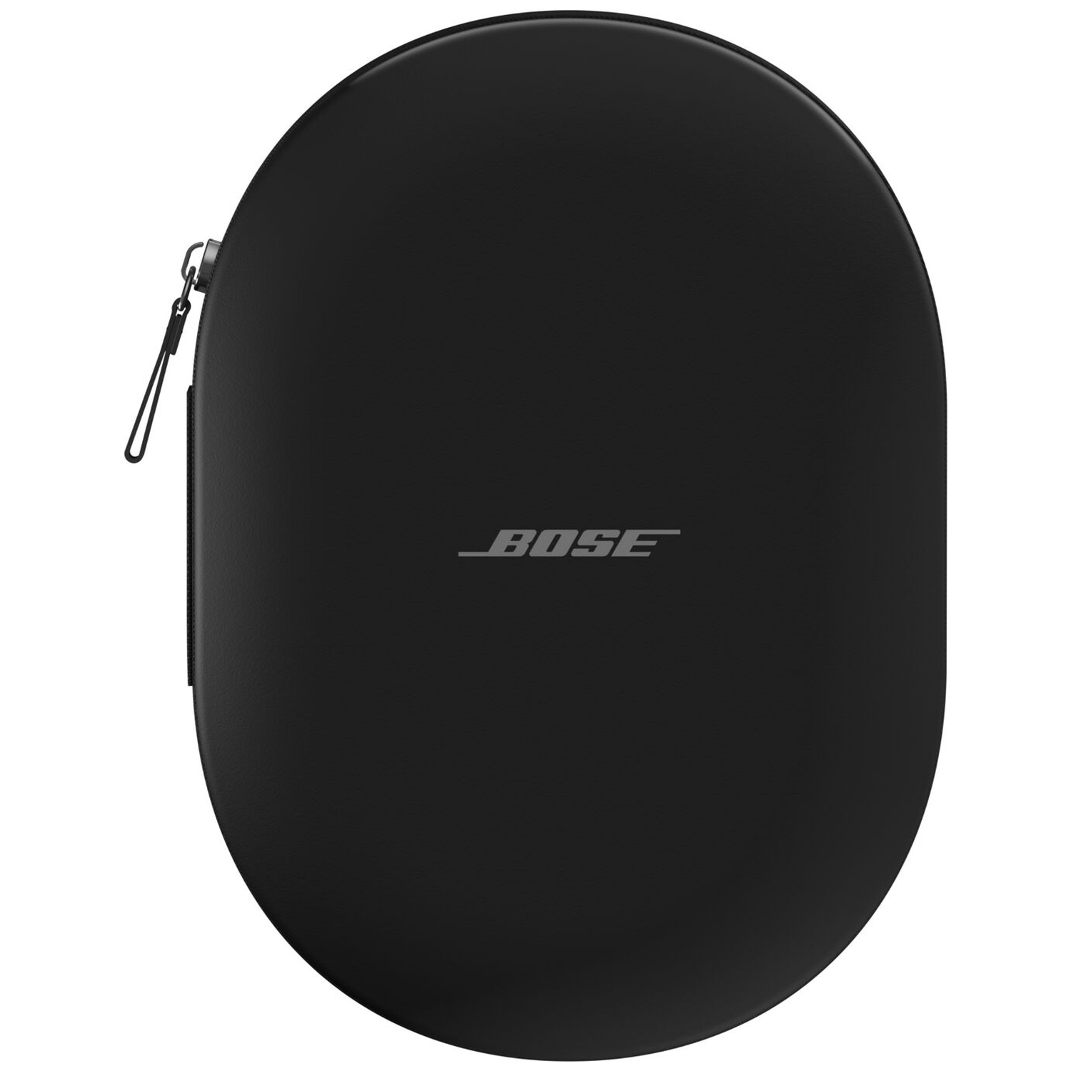 A black oval Bose headphone hard case with a zipper on a white background.