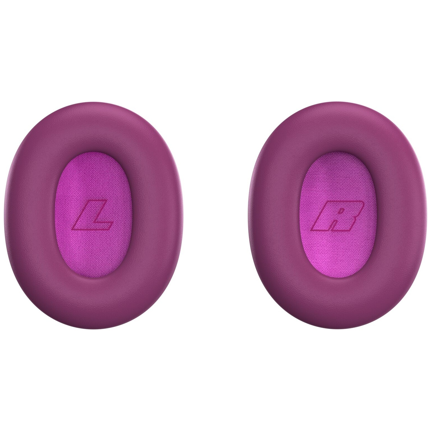 Two purple headphone ear cushions featuring the letters L and R on a white background.