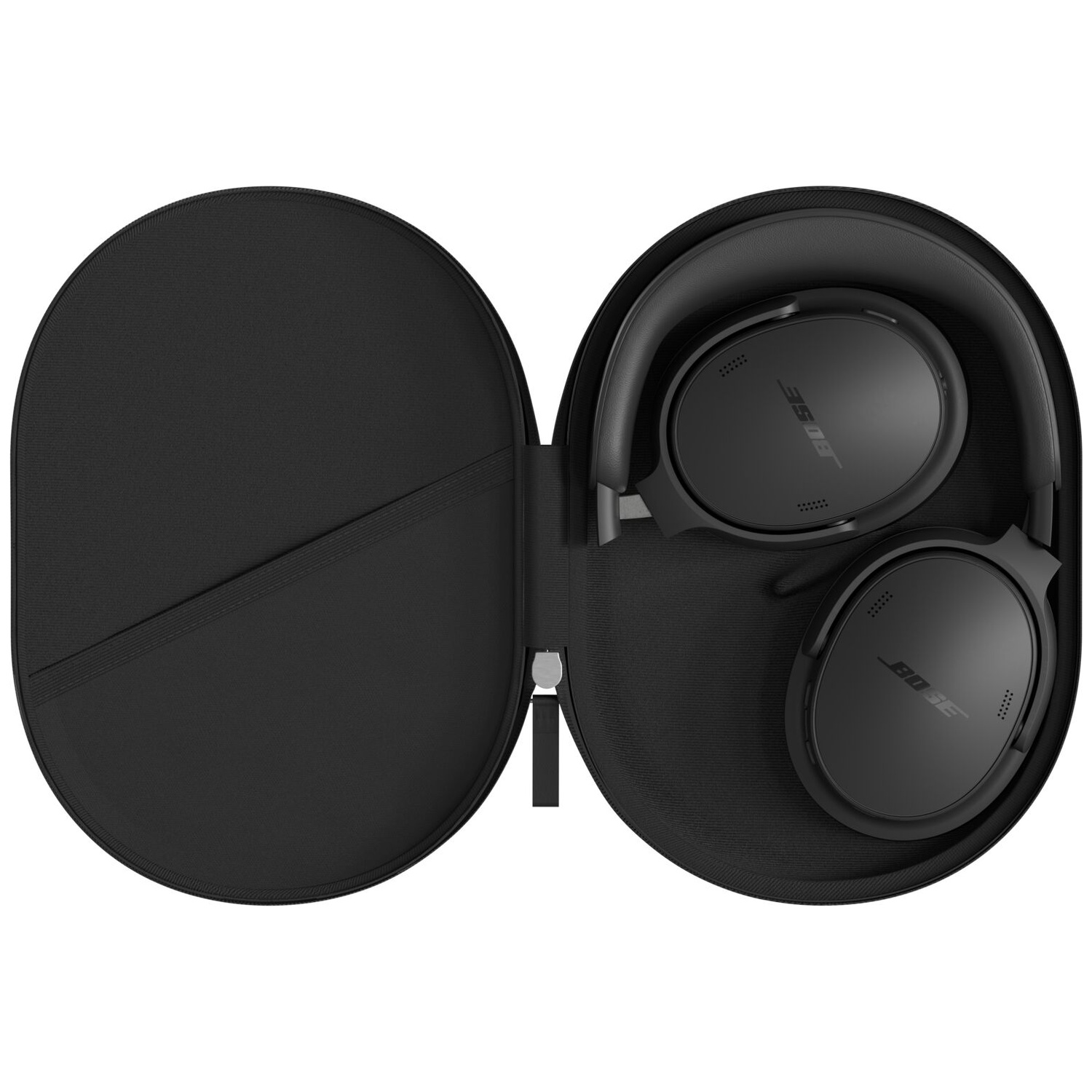 Black over-ear headphones neatly stored in an open round hard shell case against a white background.
