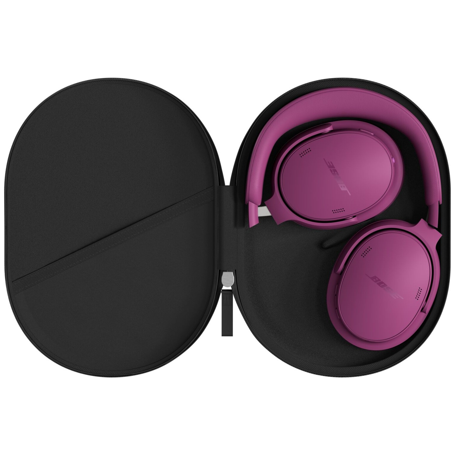 Purple Bose headphones stored inside an open black hard case on a white background.
