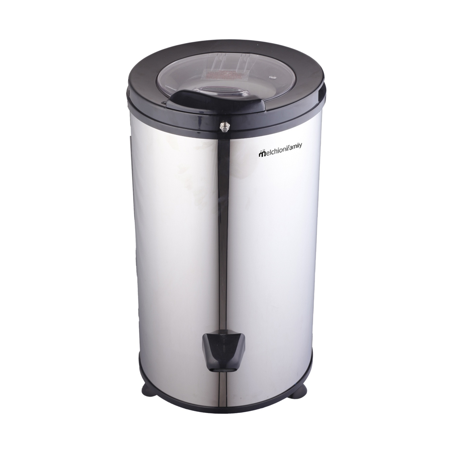 Centrifuga per bucato cilindrica in acciaio inox con parte superiore, coperchio, base e pedale in plastica nera su fondo bianco.