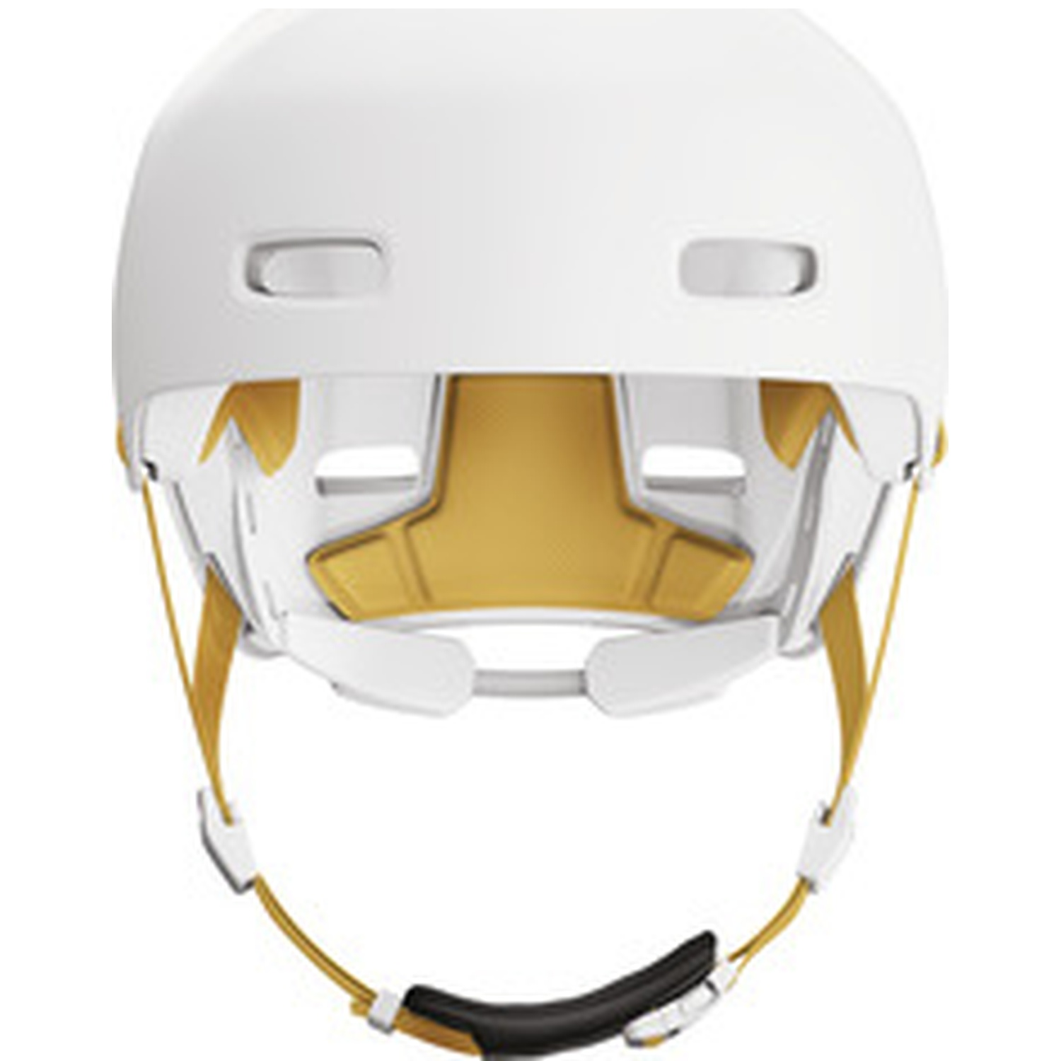 A white helmet viewed from below, showing yellow inner padding and adjustable chin straps.