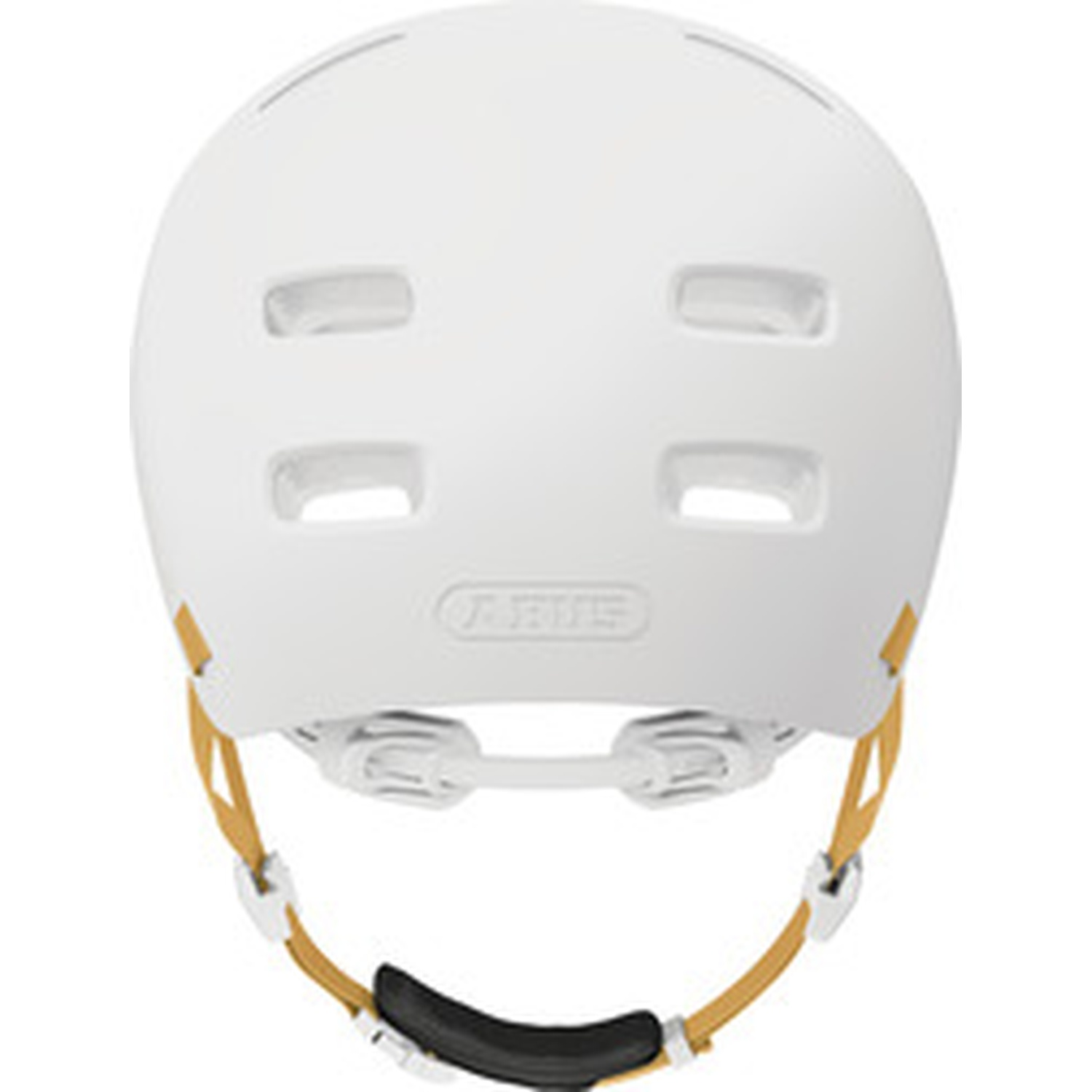 A front view of a white bicycle helmet with brown straps and ventilation holes.