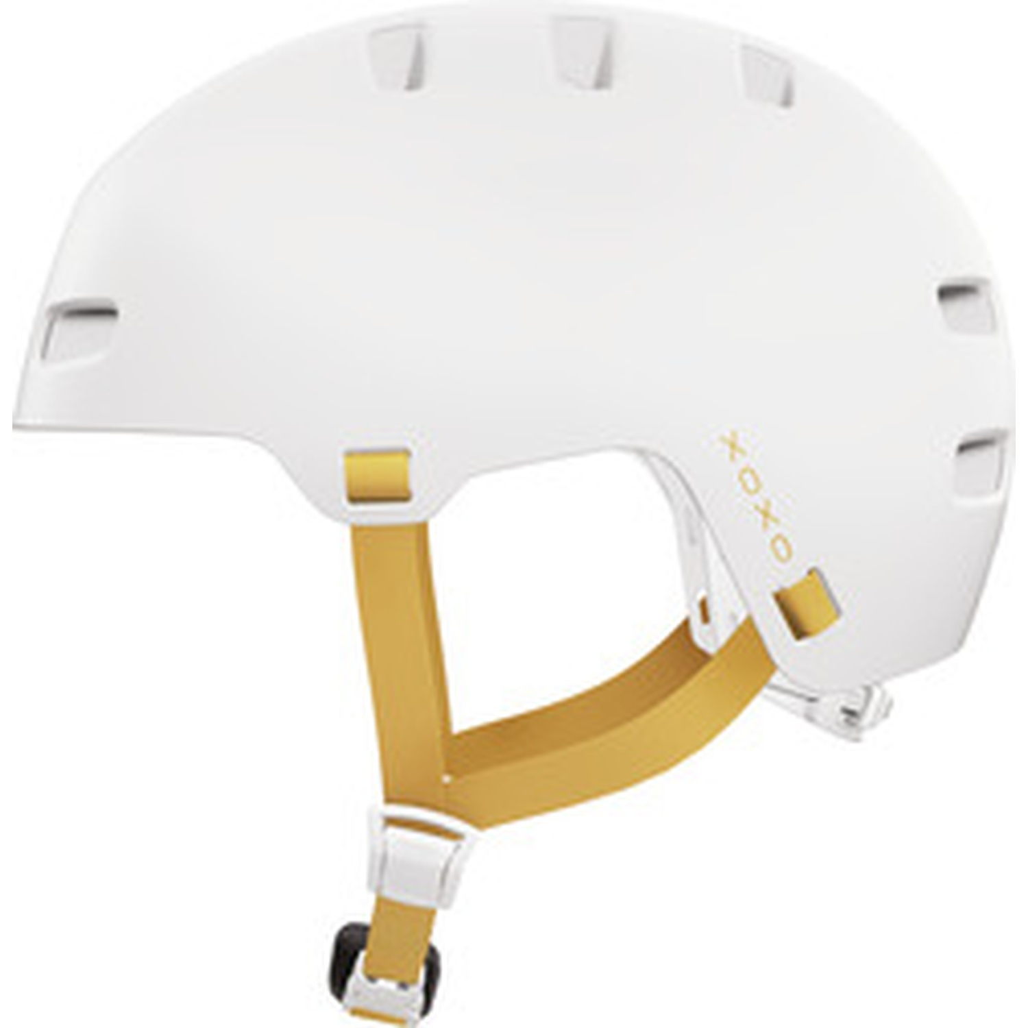 A white skateboard helmet with yellow straps against a plain white background.