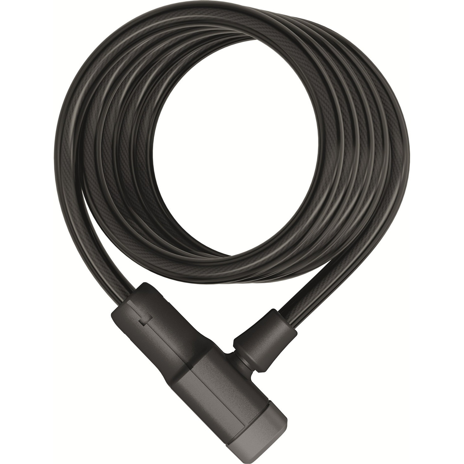 A black coiled cable lock with an integrated locking mechanism against a white background.