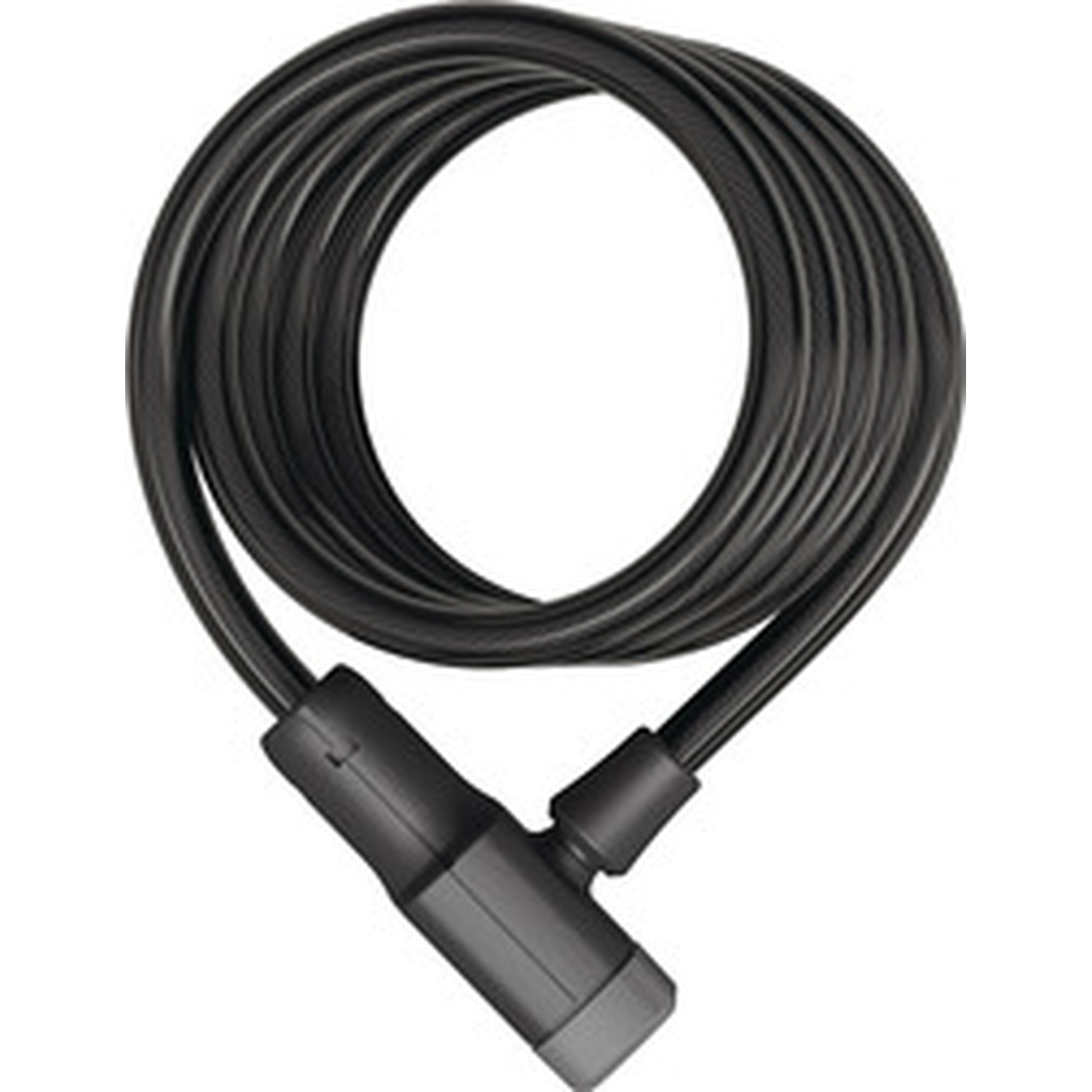 A black coiled cable lock with an integrated locking mechanism on a white background.