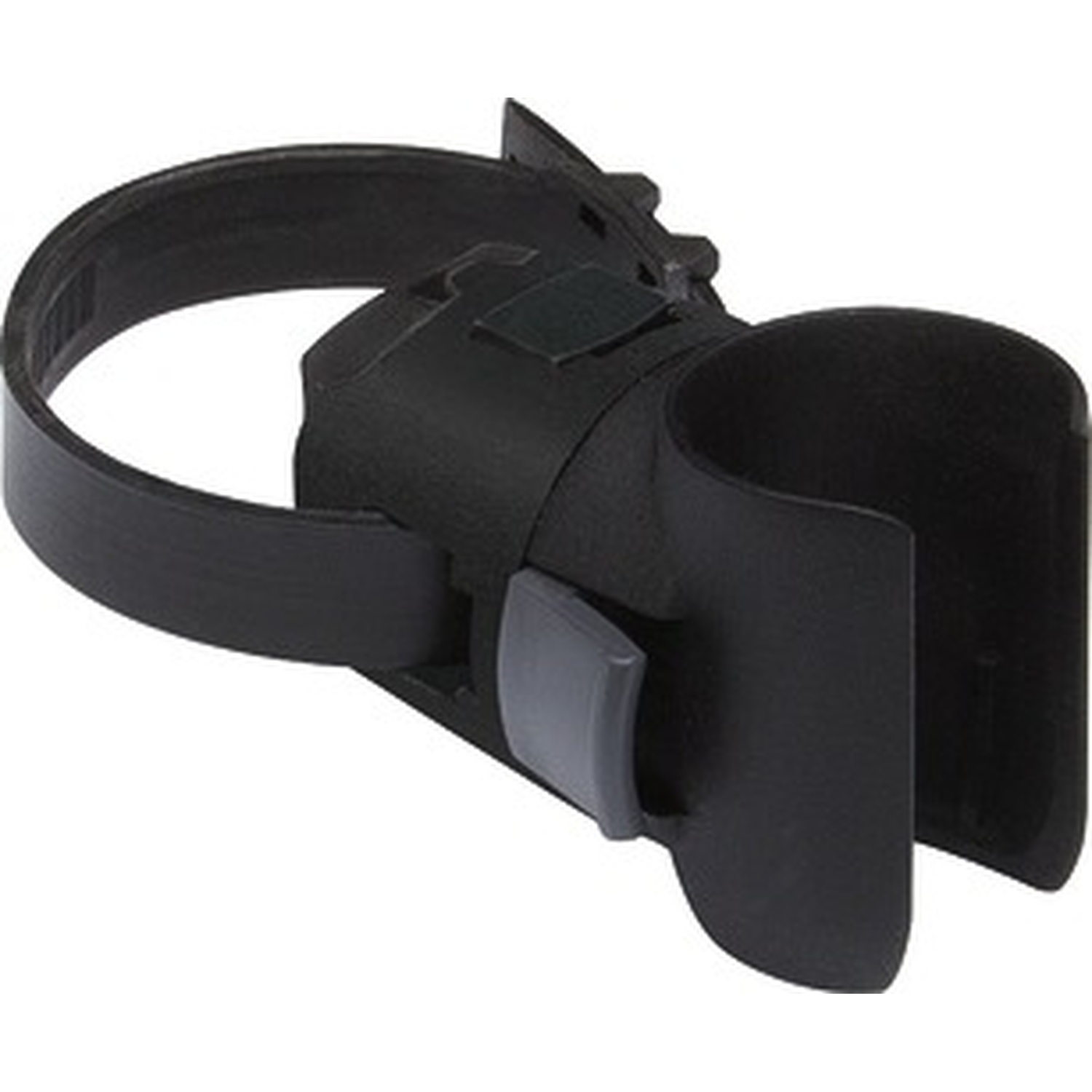 A black plastic bicycle pump mount with an adjustable strap and a release button against a white background.