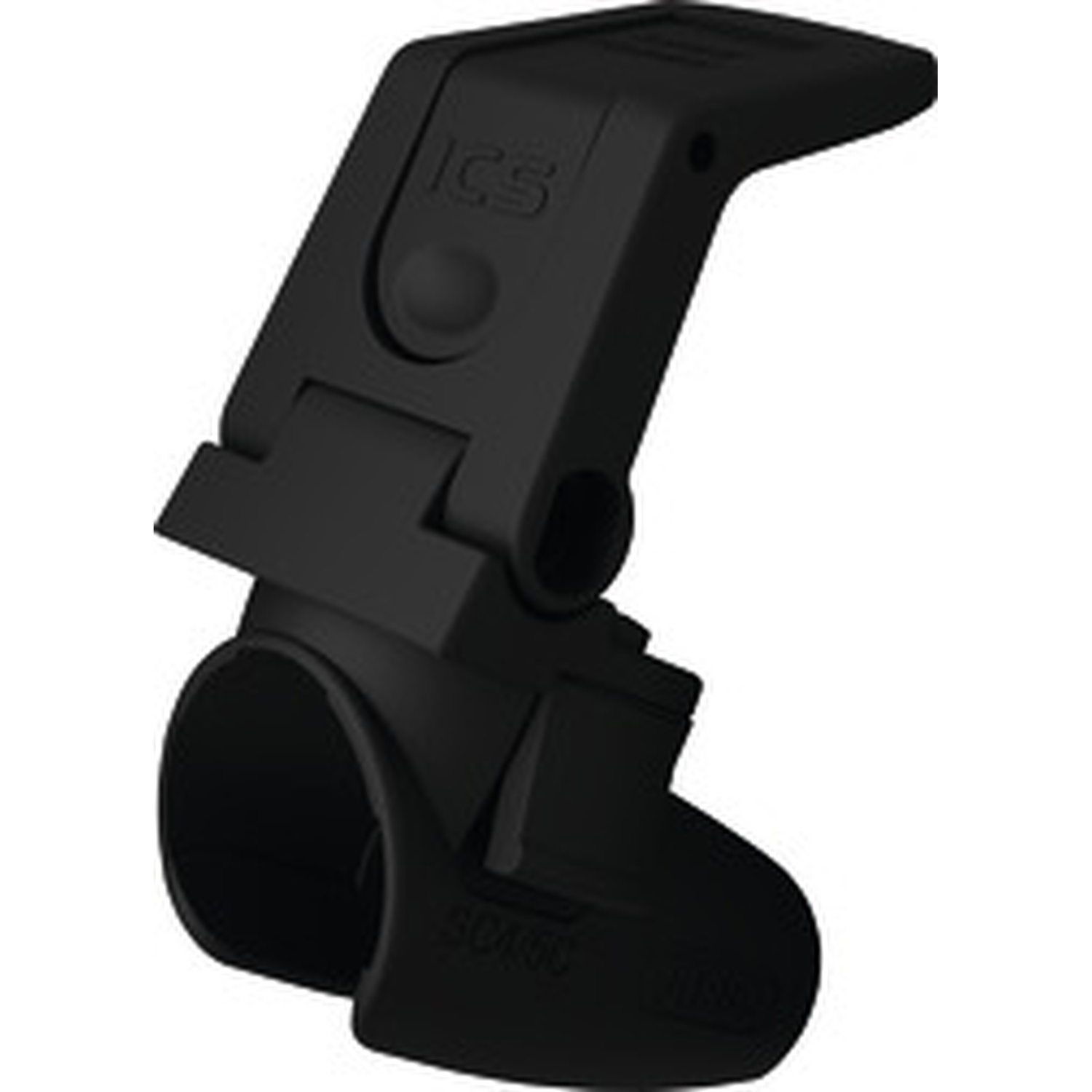 Black plastic mount with a clip and a round clamp against a solid background.