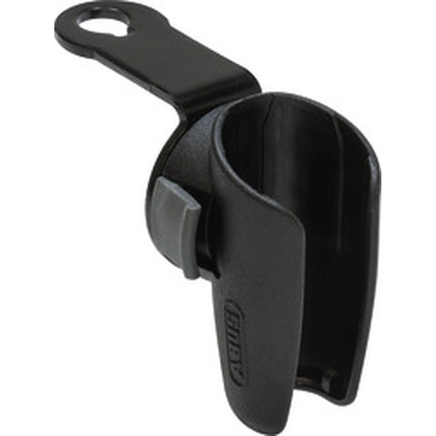 A black plastic Abus bike lock mount with a metal bracket on a white background.