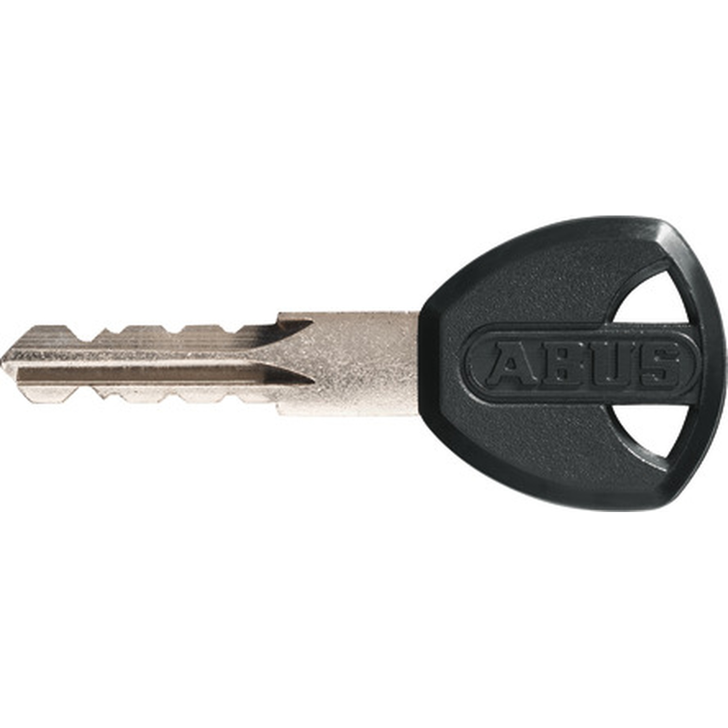 A silver key with a serrated edge and a large black plastic handle bearing the word ABUS.