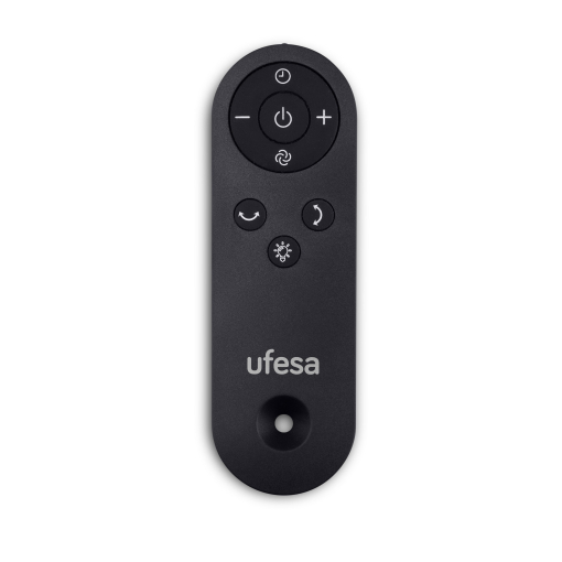 Control remoto negro Ufesa con botones circulares para encendido, luz, temporizador y funciones sobre fondo blanco.