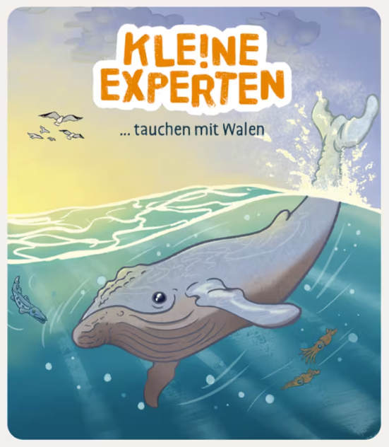 Ein Wal schwimmt im klaren Meer unter Vögeln, mit Text auf dem Cover.