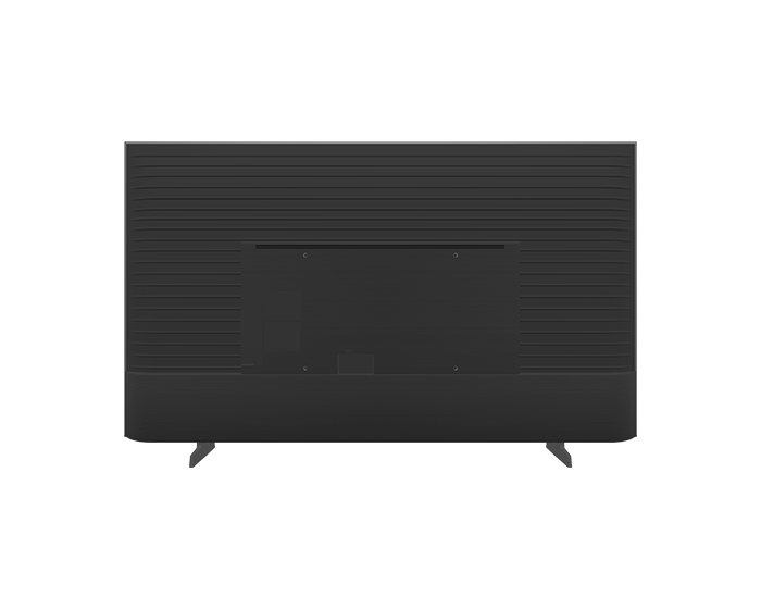Rückseite eines schwarzen Fernsehers mit horizontalen Linien und Standfüßen.